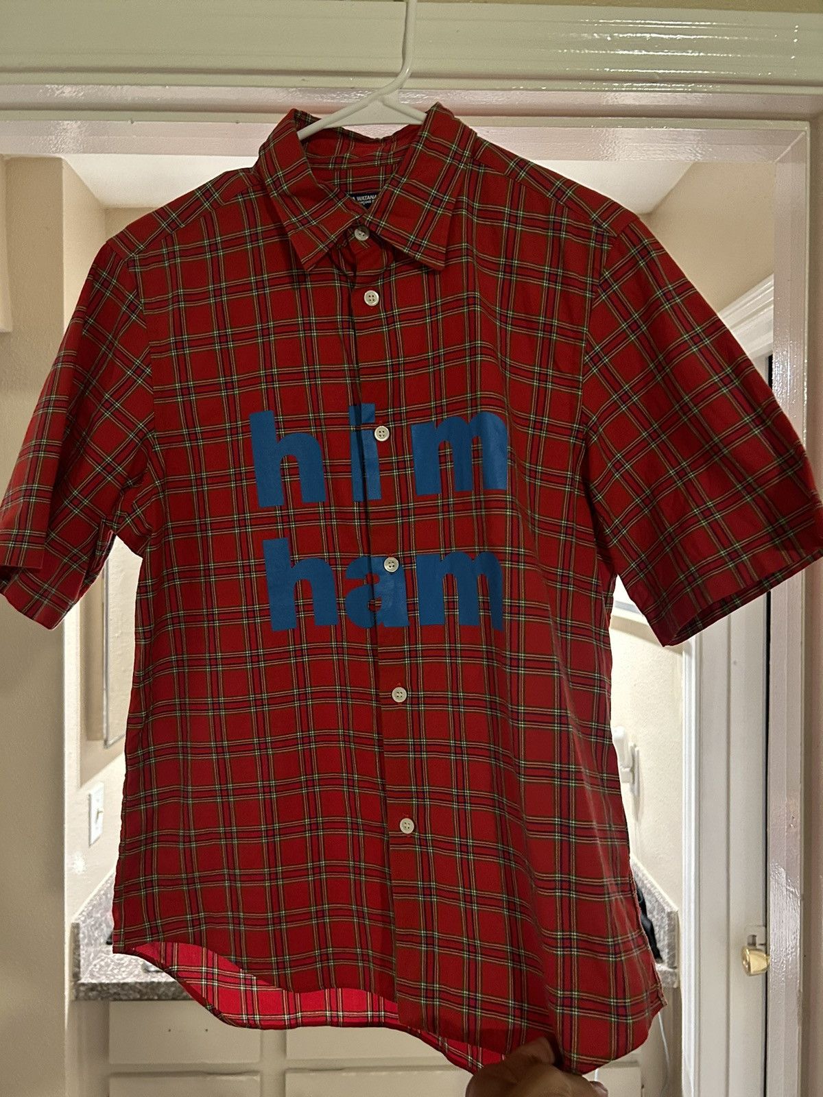 image of Junya Watanabe Ad2001 “Him Ham” Poem Plaid Button Up in Red, Men's (Size Medium)