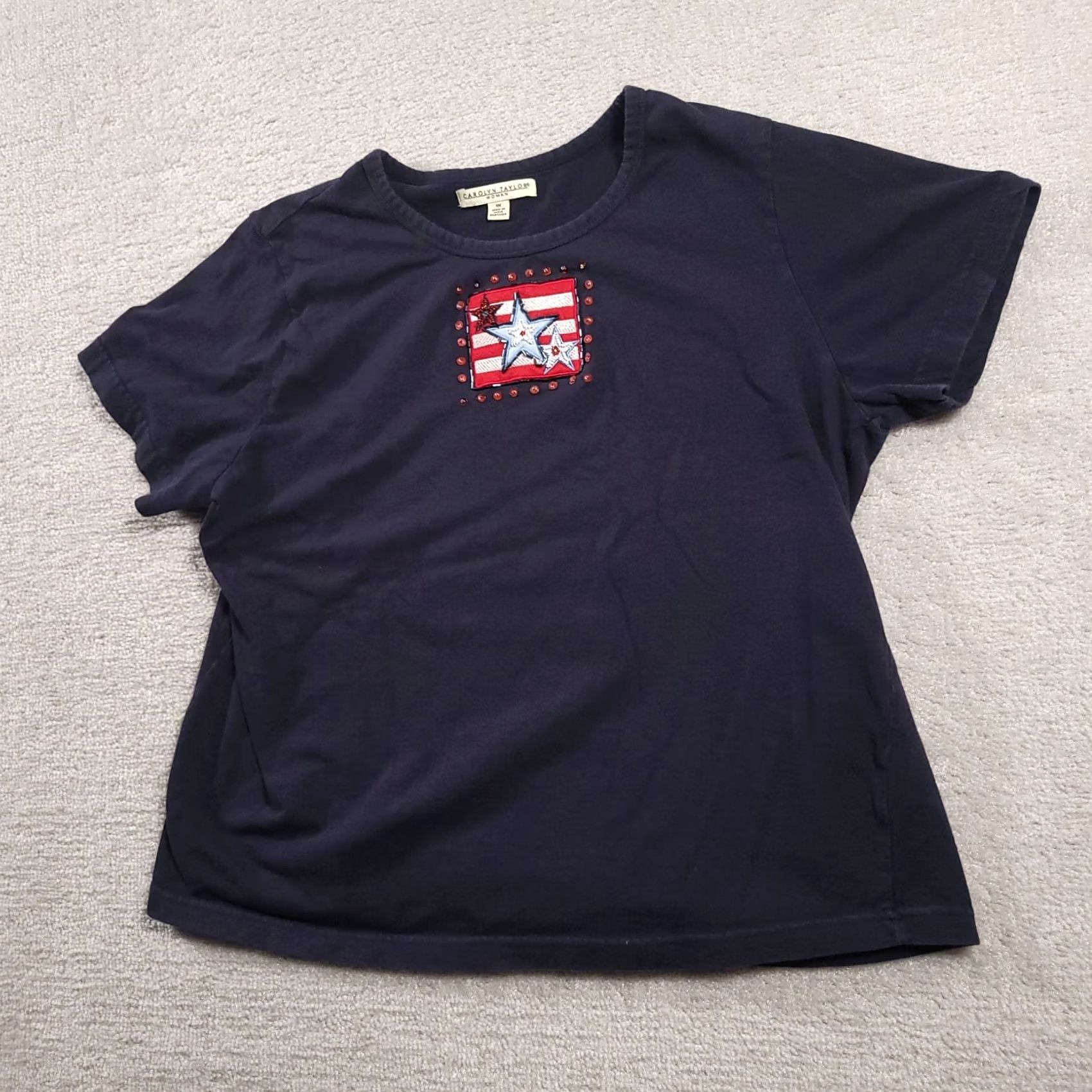 Vintage Carolyn Taylor Shirt Plus 1X Blue Short Sleeve Top USA Flag Stars Womens Size XL / US 12-14 / IT 48-50 - 2 Thumbnail