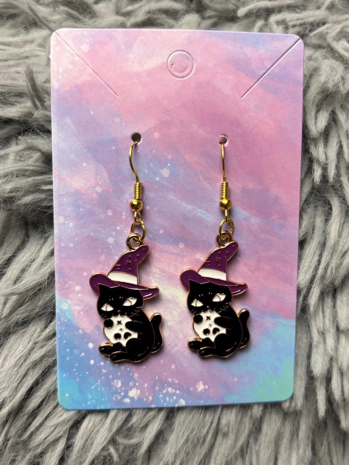 Handmade Handmade earrings black cat purple hat Size ONE SIZE - 1 Preview
