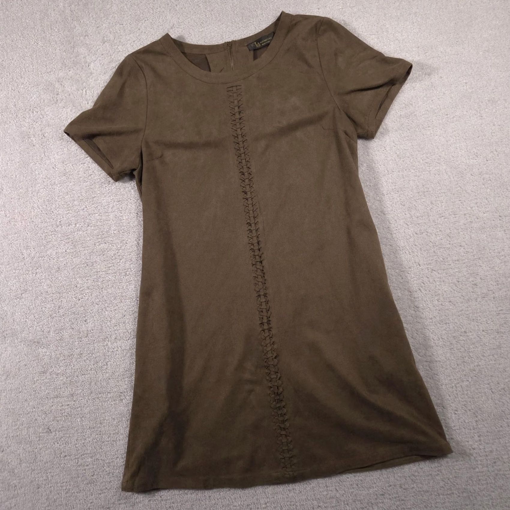 Vintage KLd Signature Dress Womens Large Brown Faux Suede Short Sleeve Shift Made USA Size 36" / US 14 / IT 50 - 3 Thumbnail
