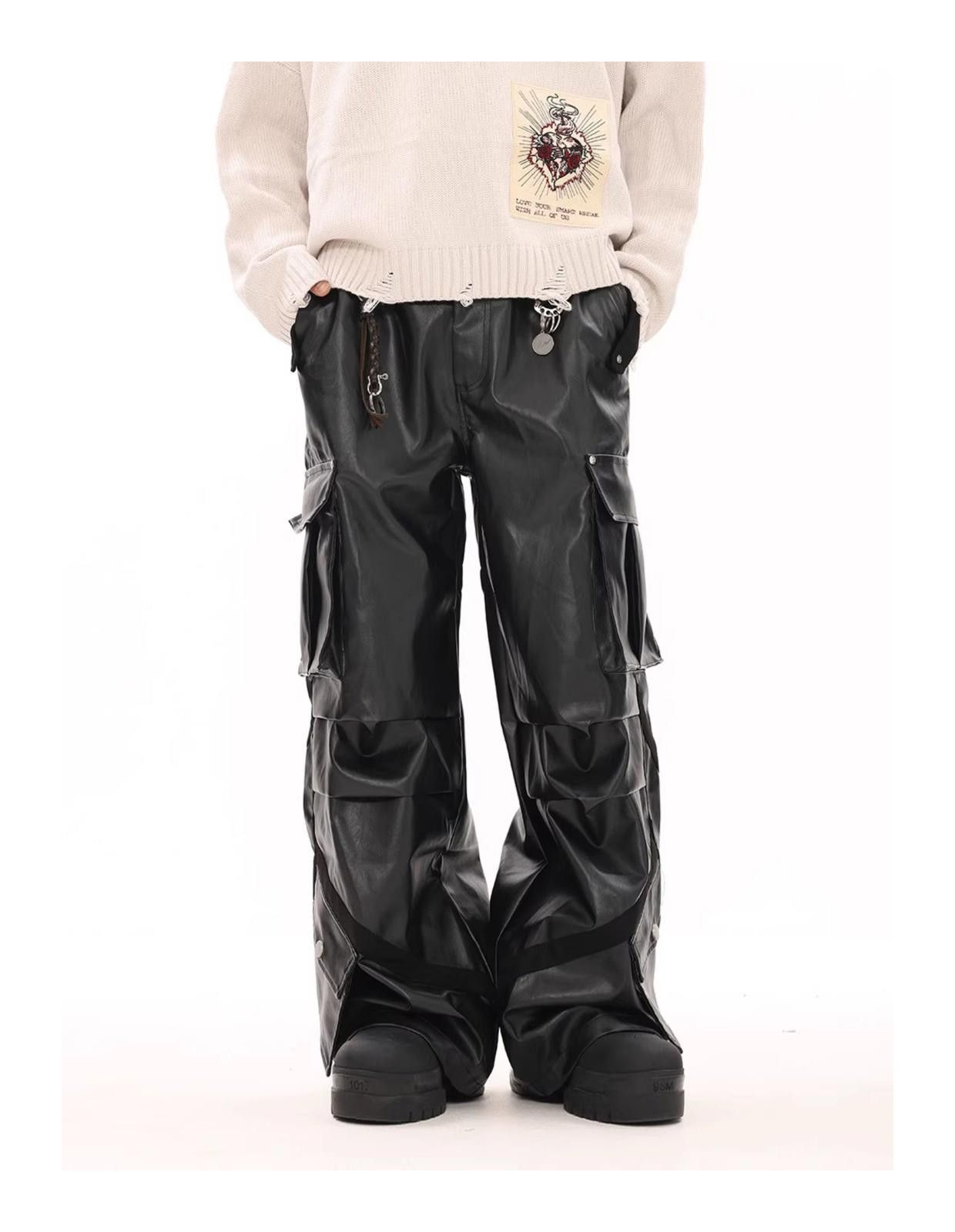 Leather Baggy PU Leather Cargo Denim Jeans Size US 32 / EU 48 - 2 Thumbnail