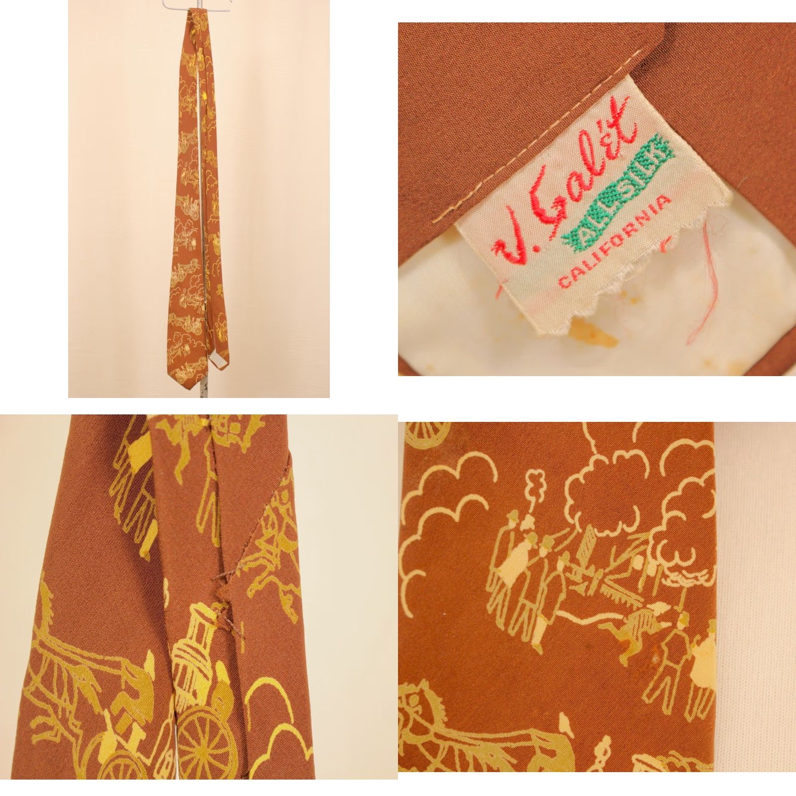 Vintage VTG Men’s 1950s Brown Beige Carriage Themed Novelty Necktie 50s Tie Silk Neck Tie Size ONE SIZE - 8 Thumbnail
