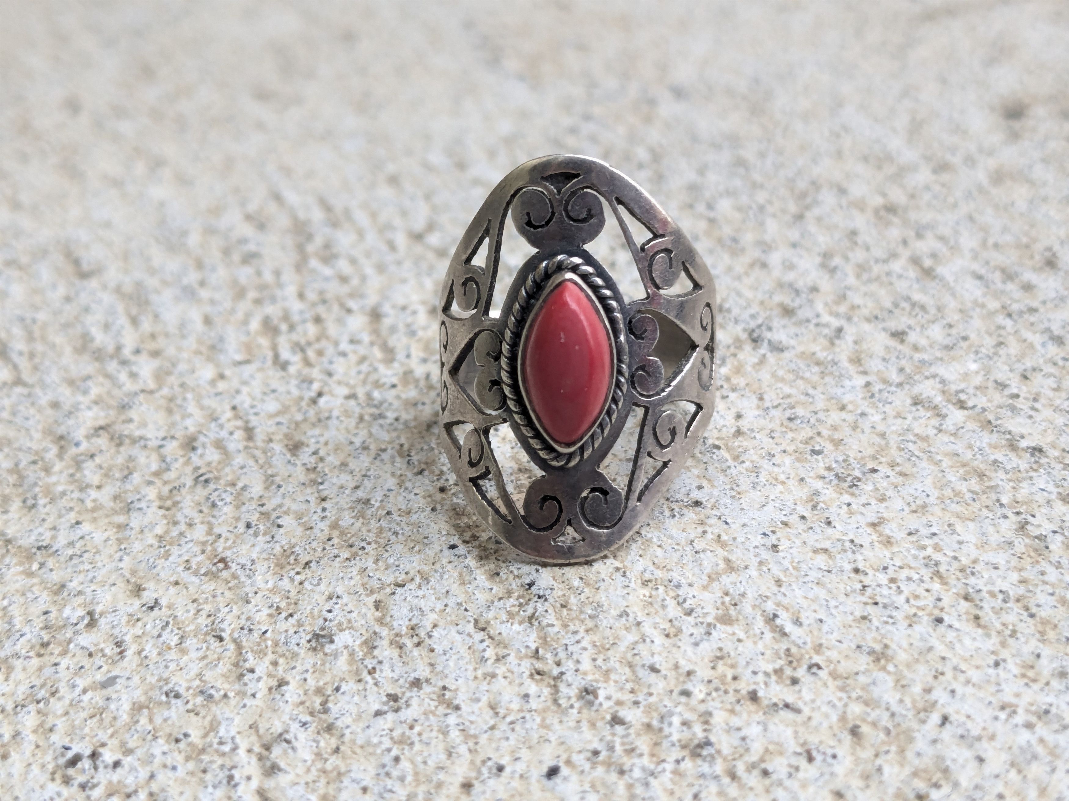 Jewelry × Sterling Silver Vintage Sterling Silver Ring 7.5 Red Coral Marquise Size ONE SIZE - 3 Thumbnail