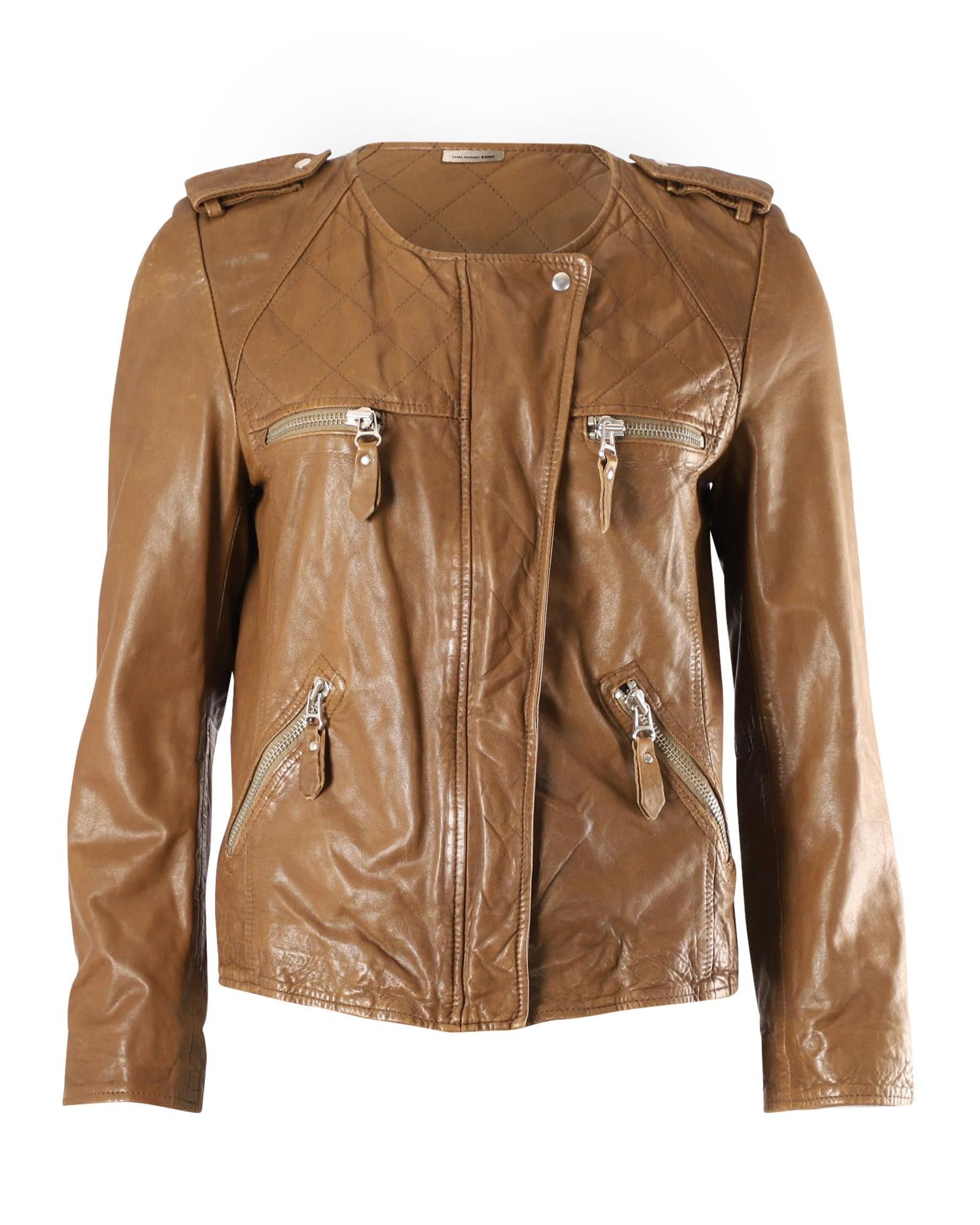 image of Isabel Marant Quilted Yoke Brown Leather Moto Jacket - Distressed Lambskin, Women's (Size Medium)