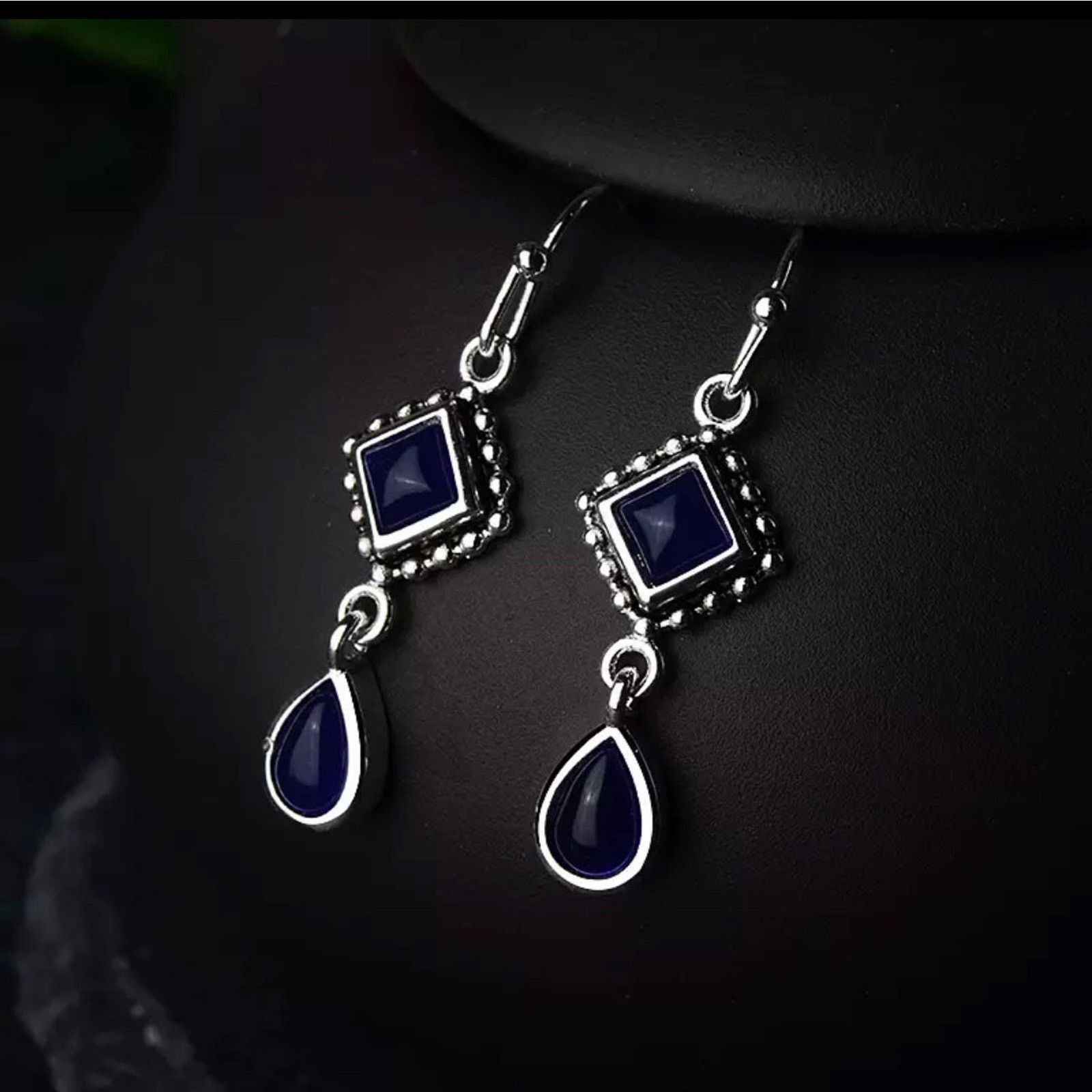 Diamond Earrings x Jewelry High Quality Vintage Geometric Blue Dangle Earrings in Silver, Women's