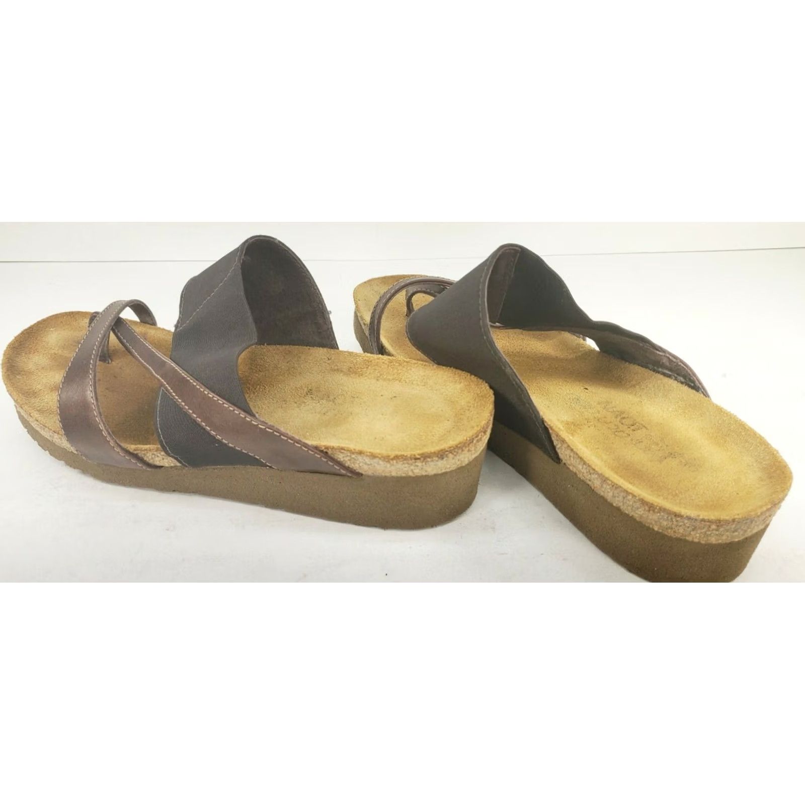 Vintage Naot Orion Brown Leather Fabric Elastic Thong Sandals Isreal Women’s 5M/36E EUC Size US 5 / IT 35 - 4 Thumbnail