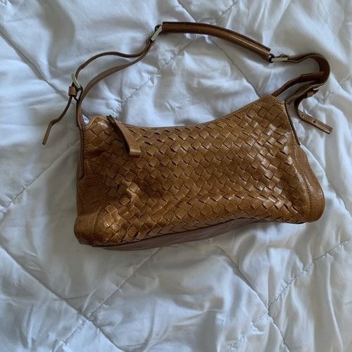 Cognac Woven Camel Colour Tie Shoulder Bag Brown Genuine Lea