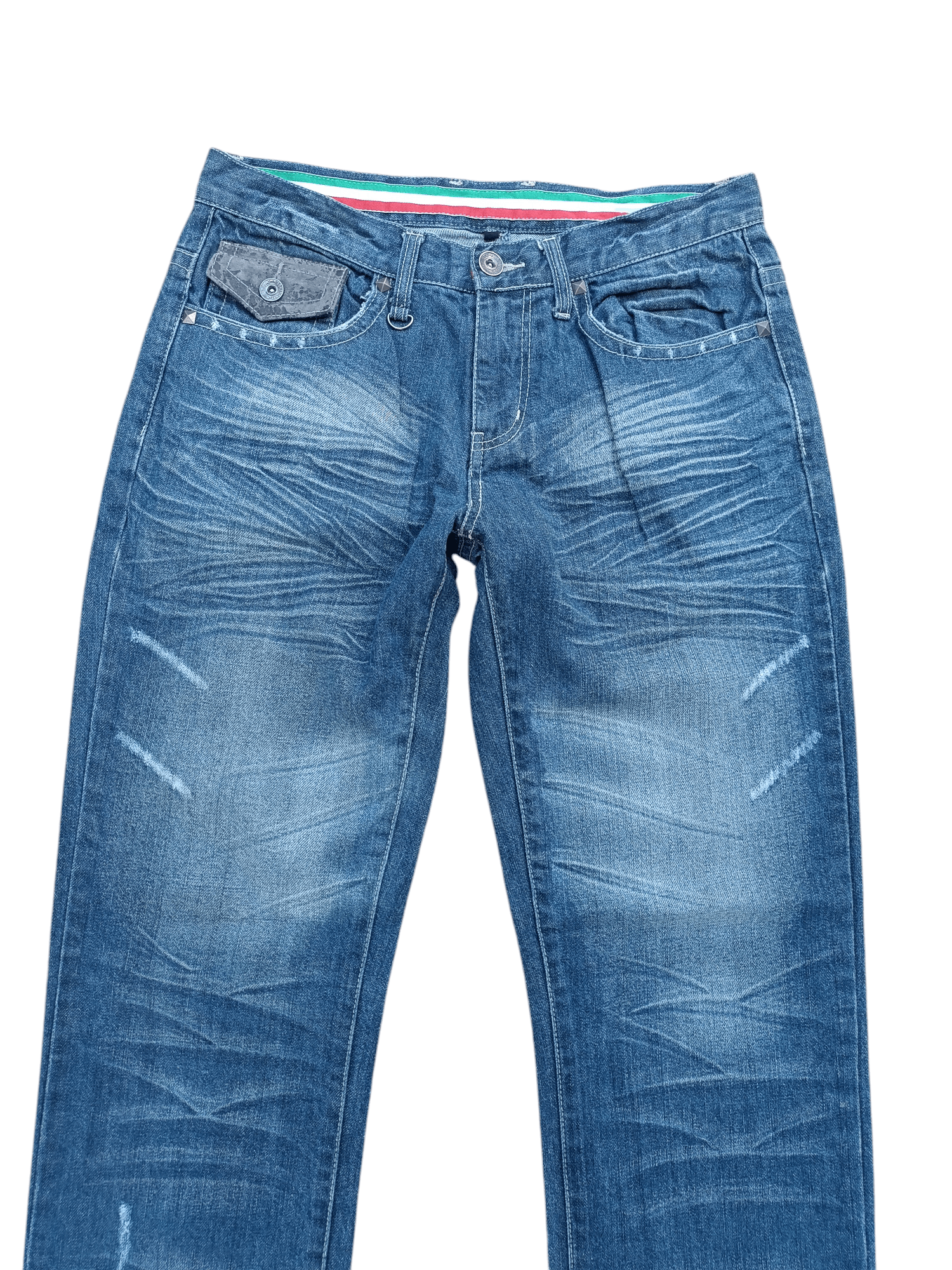Japanese Brand NYLAUS JEANS DISTRESSED WHISKERS FADED STUD DENIM Size US 31 - 2 Thumbnail