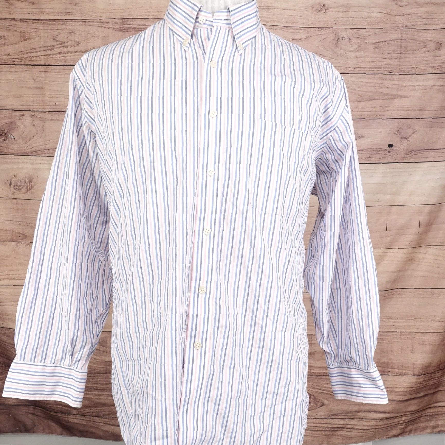 Vintage VINTAGE Kirkland Signature Dress Shirt Mens 17.5 Long Sleeve Blue Pink White Striped Non-Iron Business Casual Size US XL / EU 56 / 4 - 3 Thumbnail