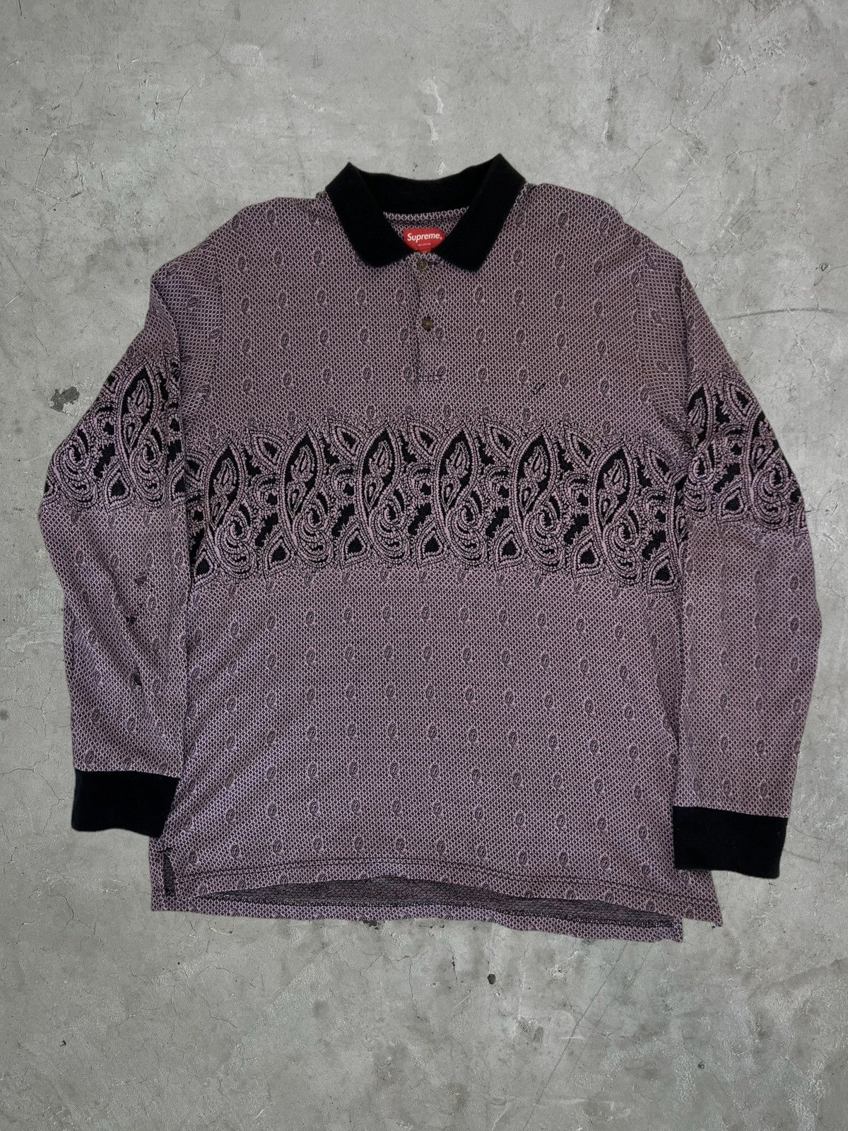 image of Supreme Purple Paisley Print Long Sleeve Polo, Men's (Size XL)