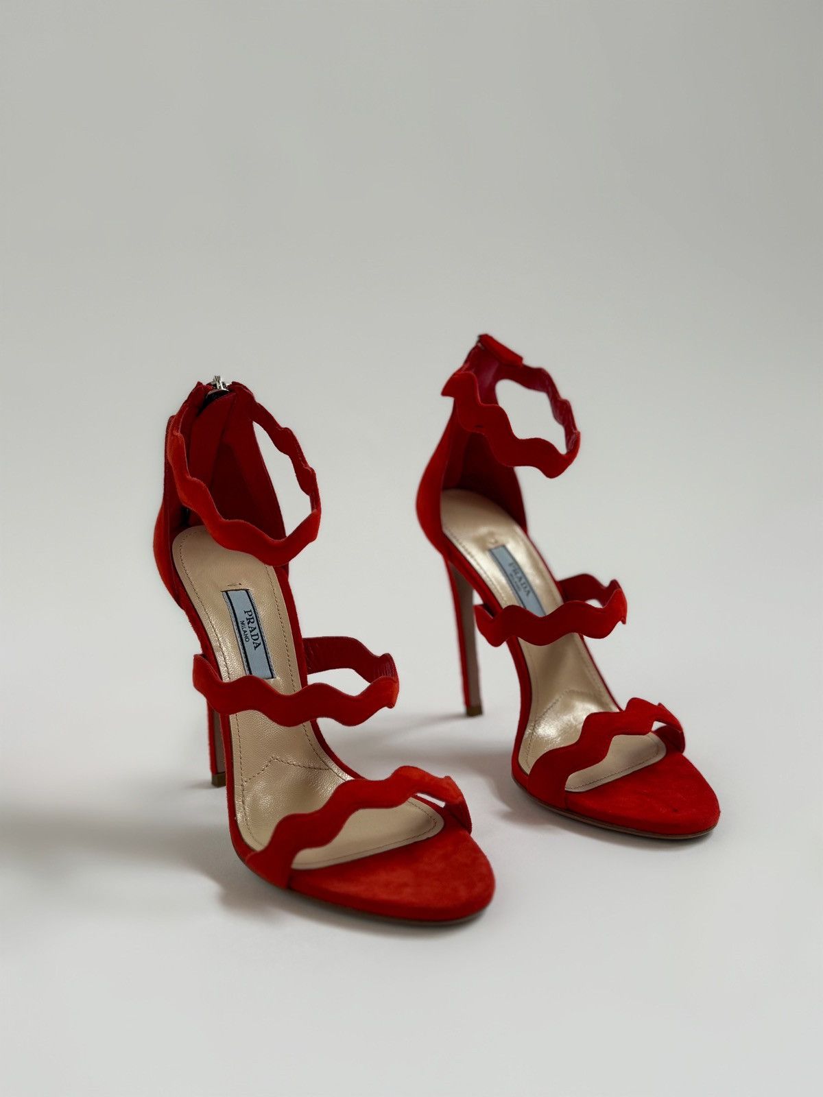 Prada Red Scalloped Strapped Prada Heels Size US 7 / IT 37 - 1 Thumbnail