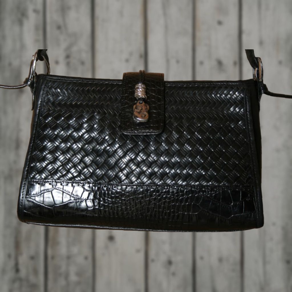 Brighton VINTAGE Brighton Shoulder Bag Black Leather Croc Embossed Plaid Lined Small Purse Size ONE SIZE - 1 Thumbnail