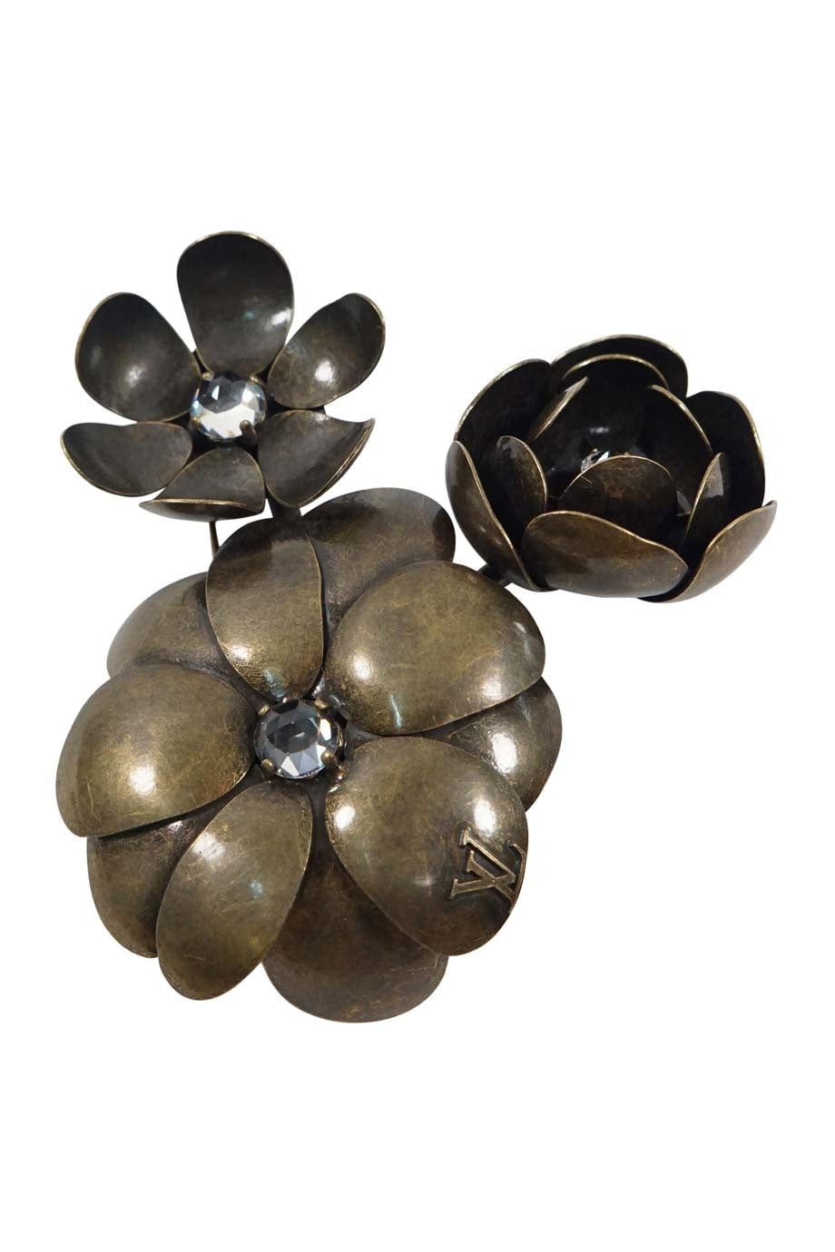 image of Louis Vuitton Black Crystal On Gold-Tone Metal Flower Brooch, Women's
