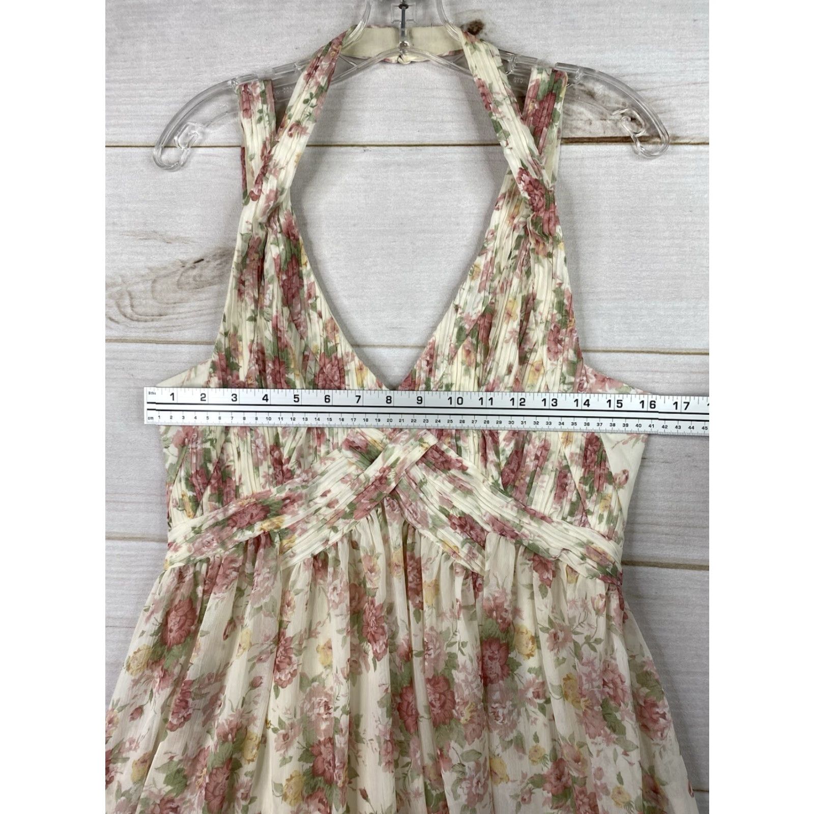 CO Ark & Co. Anthropologie Dress Women L Cream Floral Rose Pintuck Sleeveless Halter Dress Size L / US 10 / IT 46 - 3 Thumbnail