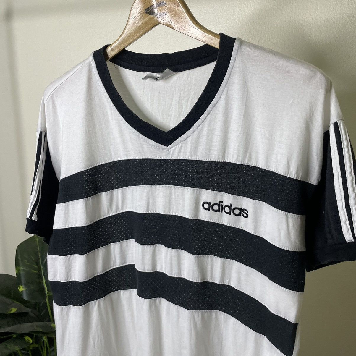 Adidas × Vintage Vintage 1990s Adidas 3 Stripes V Neck T Shirt Size US L / EU 52-54 / 3 - 2 Thumbnail