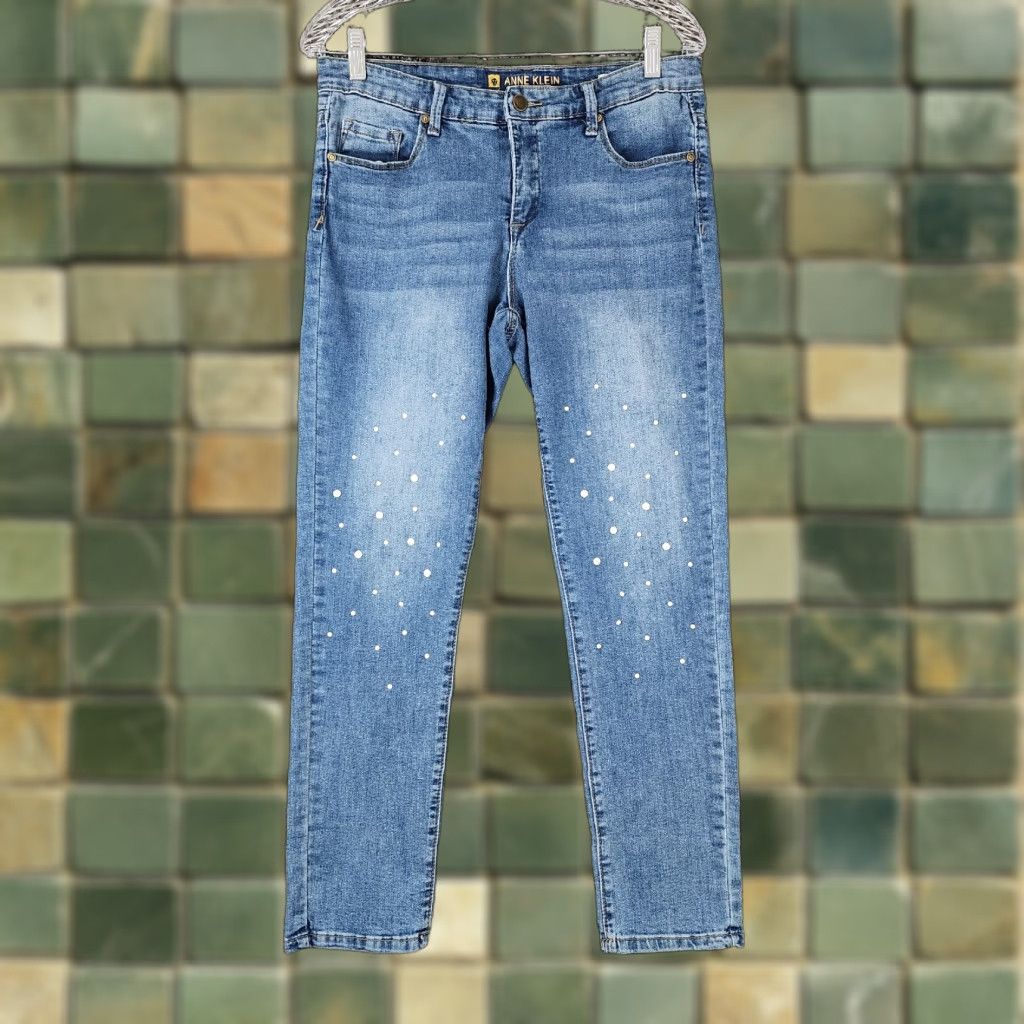 Anne Klein ANNE KLEIN Women's Jeans Girlfriend Badazzled Blue Size 6 Regular 32" Waist 28" Inseam Straight Blue Womens Size 28" / US 6 / IT 42 - 1 Thumbnail