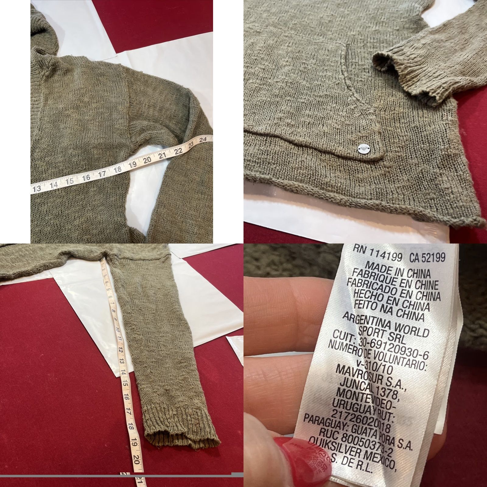 Vintage Roxy Army GREEN Hooded Sweater Knit V Neck front Pocket Slouchy Cotton Women XL Size XL / US 12-14 / IT 48-50 - 9 Thumbnail