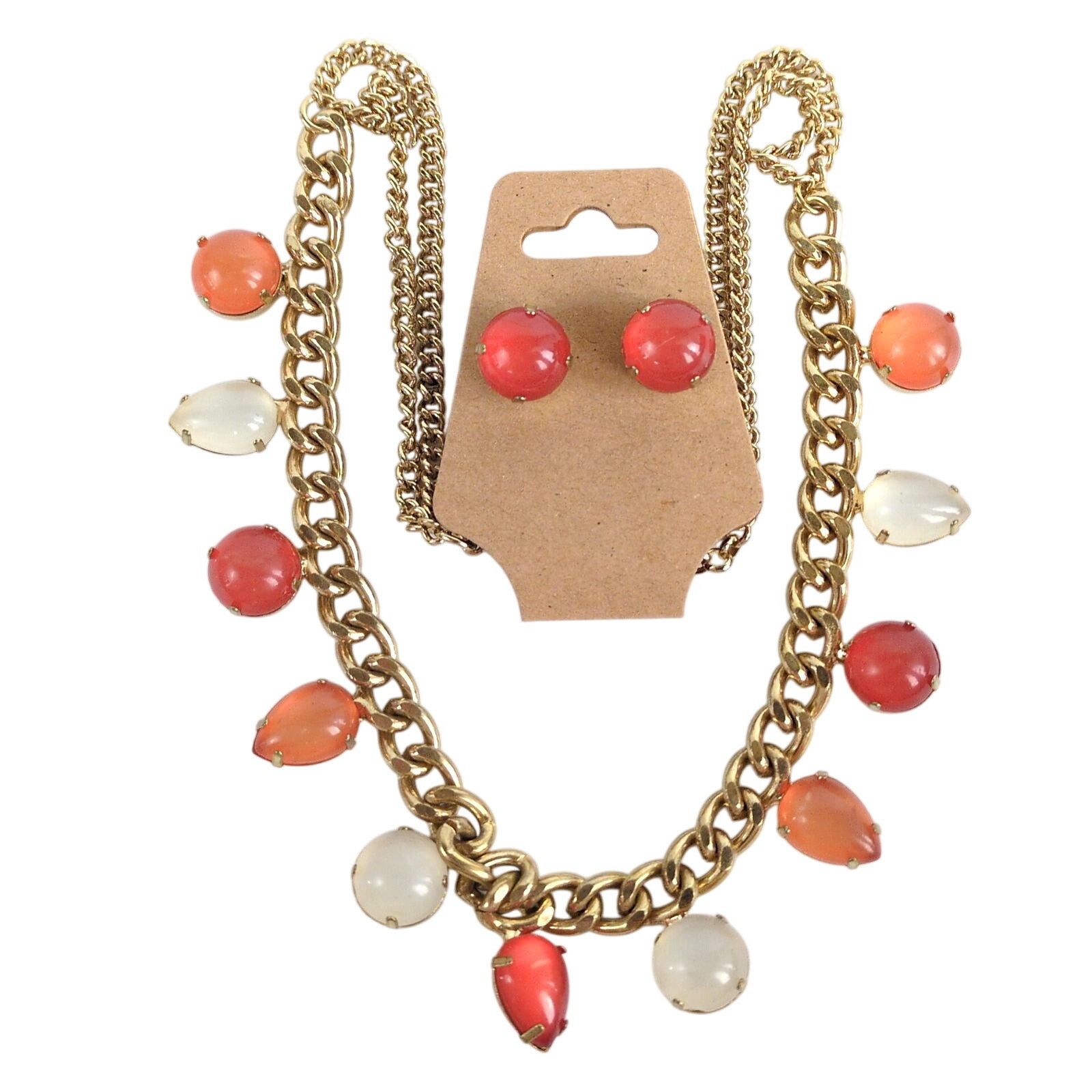 Vintage Peach & White Moonstone Goldtone Chain Necklace Earring Set Size ONE SIZE - 1 Thumbnail