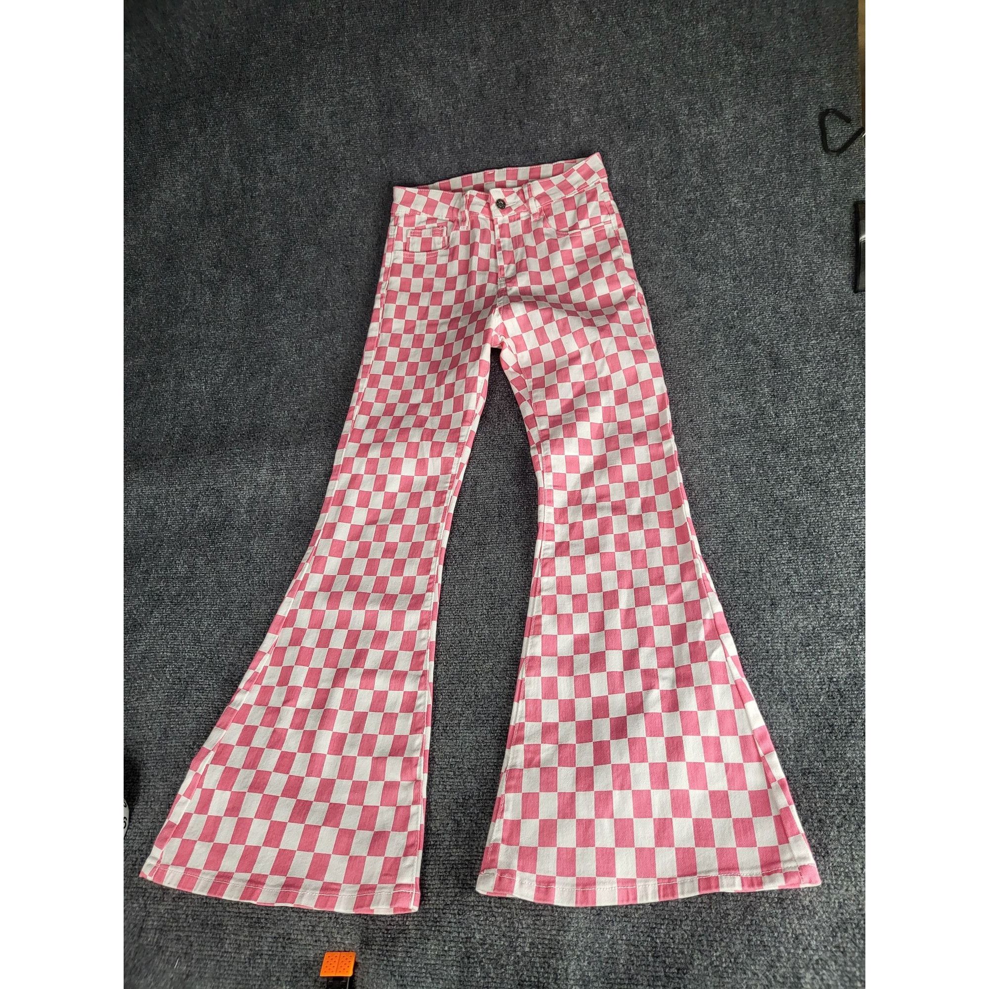 Jean Pink Checkered Bell Bottom Denim Jeeans Women Sz 4 Hipster L Size 27" / US 4 / IT 40 - 1 Thumbnail