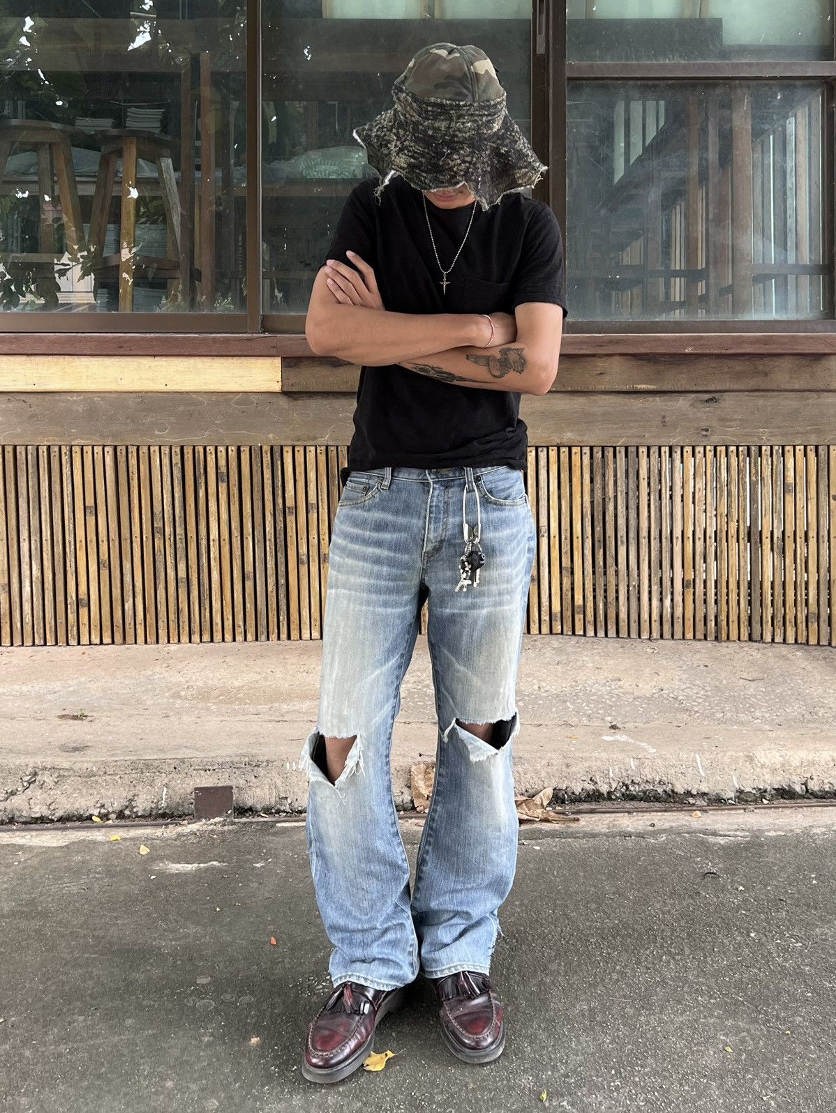 Vintage Thrashed Repaired Vintage Bootcut Denim Jeans Distressed Size US 30 / EU 46 - 3 Thumbnail