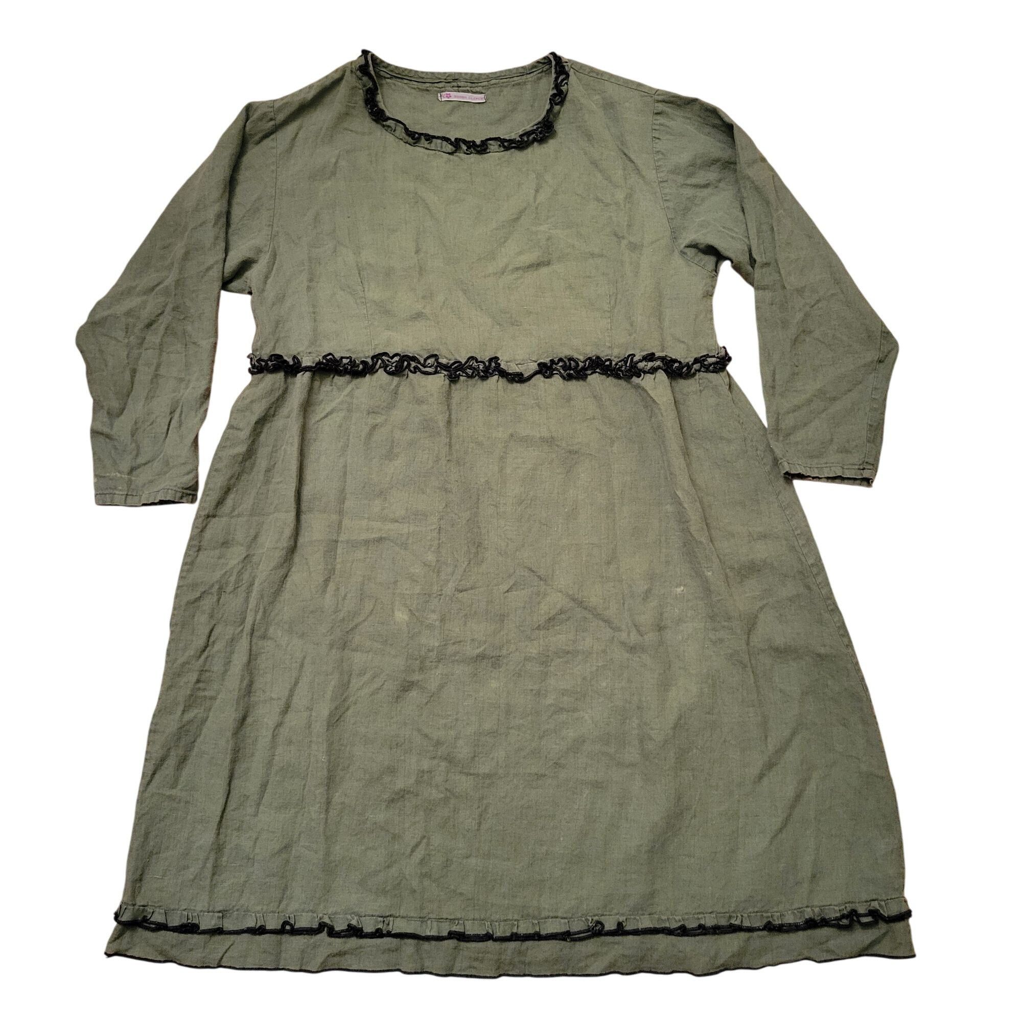 Vintage Sarah Clemens Olive Green Linen Dress Black Ruffle Trim Long Size ONE SIZE - 1 Thumbnail
