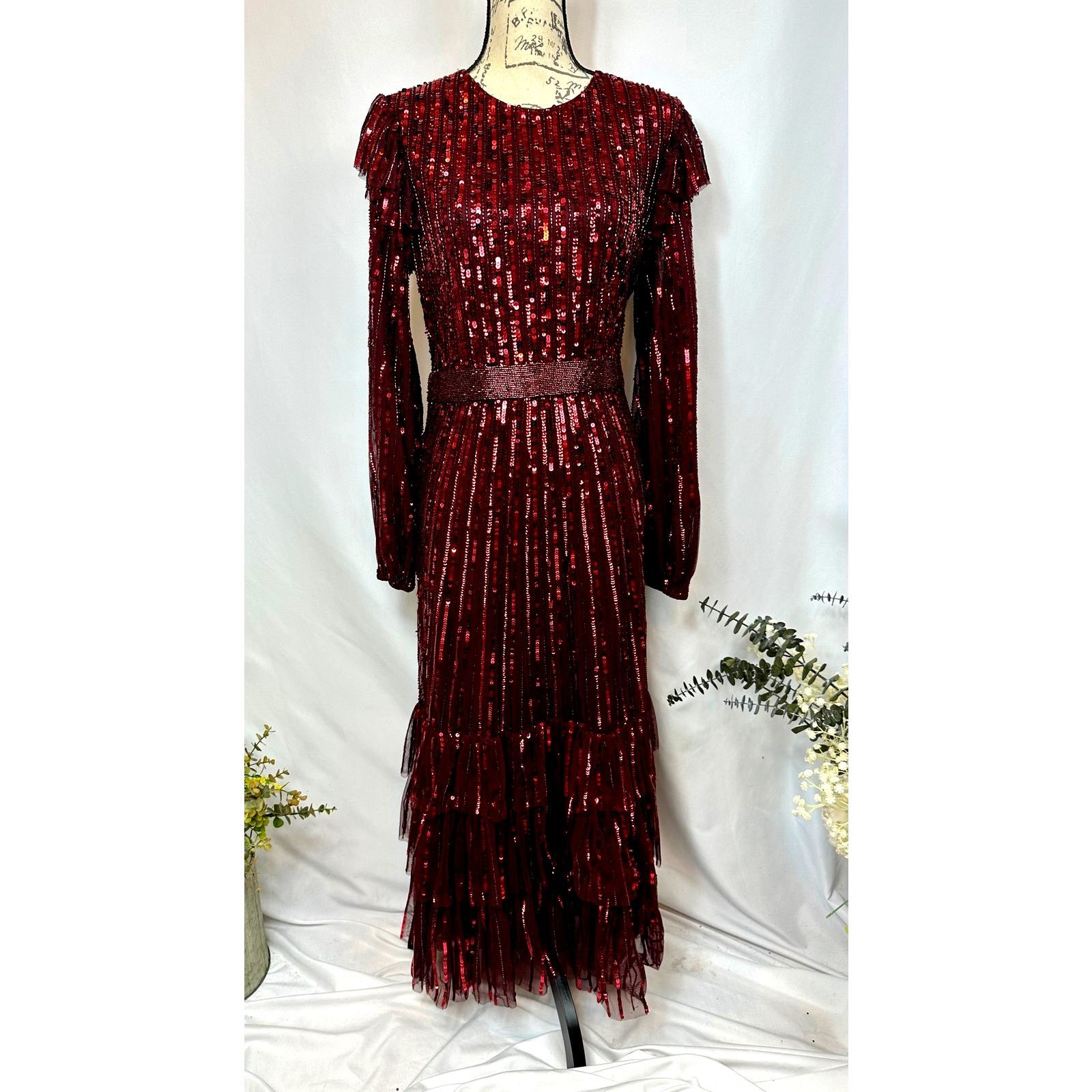 Other Mac Duggal Long Sleeve Ruffle Detail Sequin Dress Red 12 Size XL / US 12-14 / IT 48-50 - 6 Thumbnail