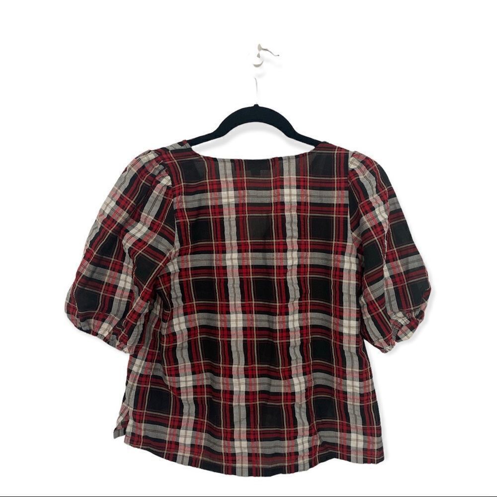 Loft LOFT Petite XSP Plaid Bubble-Sleeve Blouse – Red Black White Size XS / US 0-2 / IT 36-38 - 3 Thumbnail