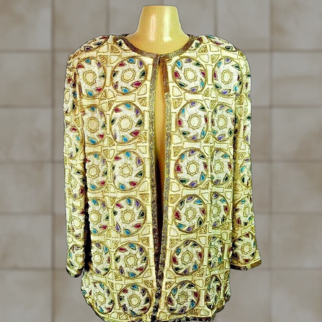 VINTAGE 80s Judith Ann Plus Beaded Sequin Embellished Silk Jacket