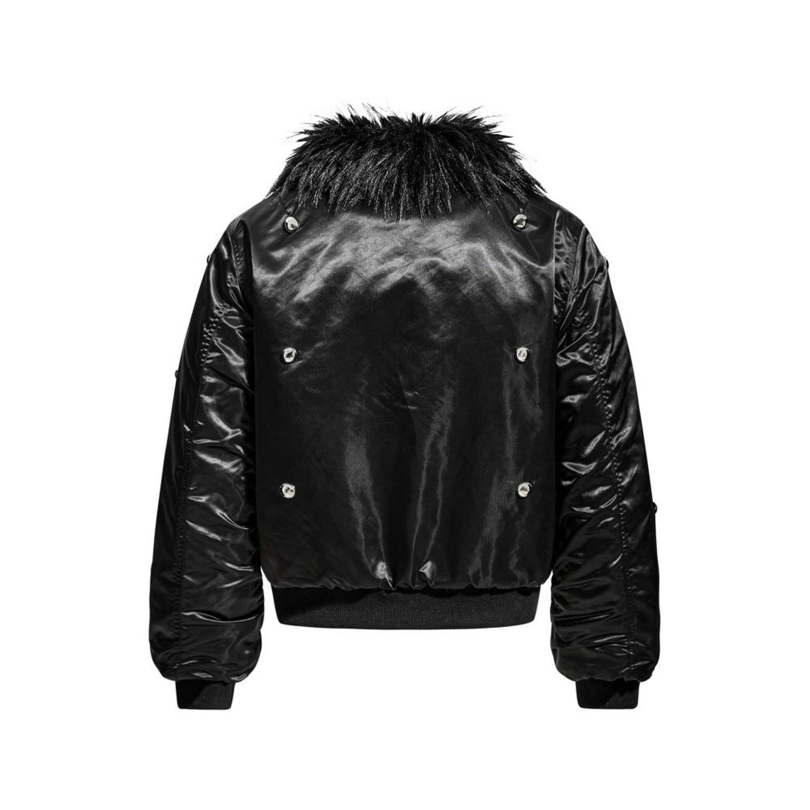 Japanese Brand Black Satin Bomber Jacket with Fur Collar and Studs Size US M / EU 48-50 / 2 - 3 Thumbnail