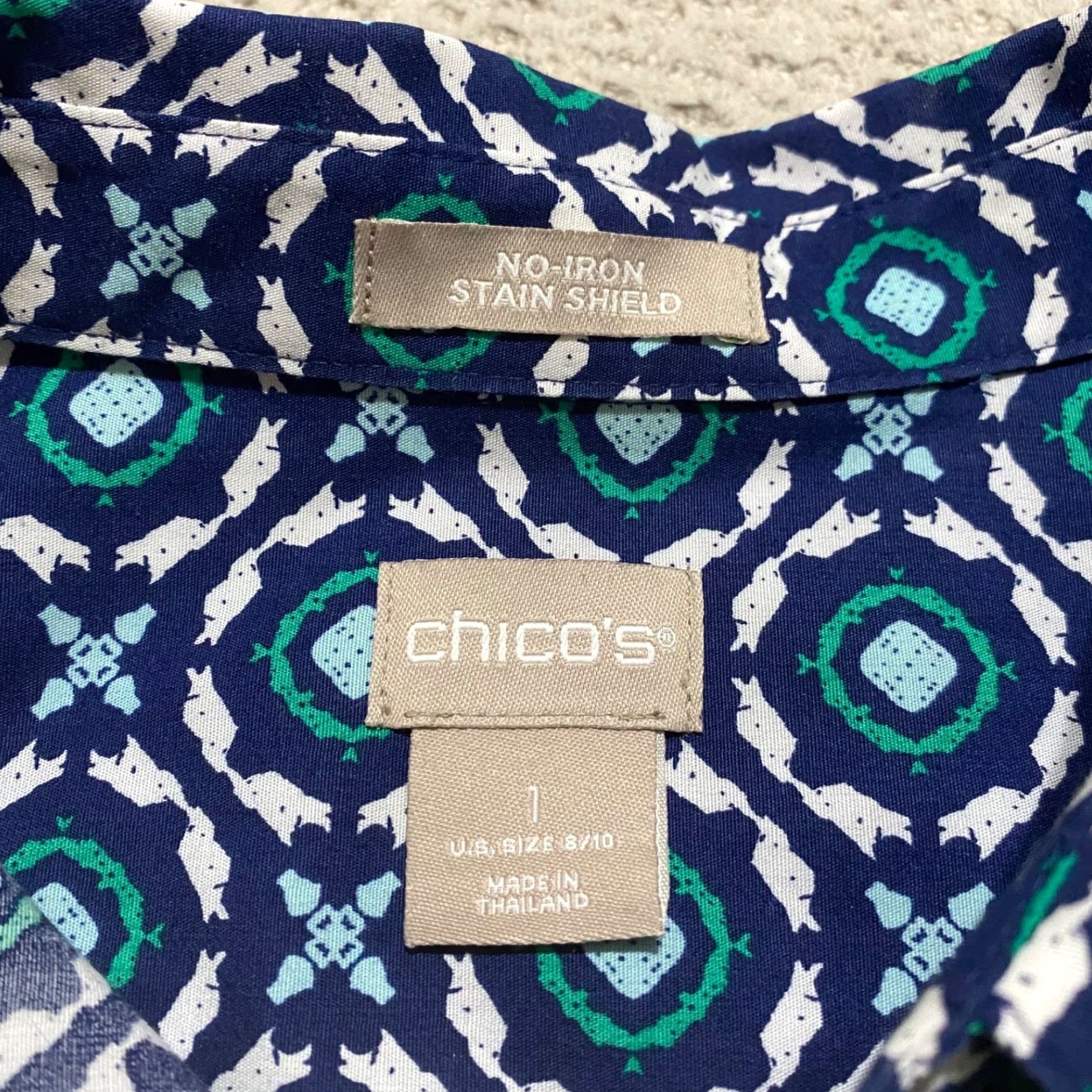 Vintage Chico's Womens Shirt Blue Geometric 3/4 Sleeve Button-Up Cotton Size M / US 6-8 / IT 42-44 - 3 Thumbnail