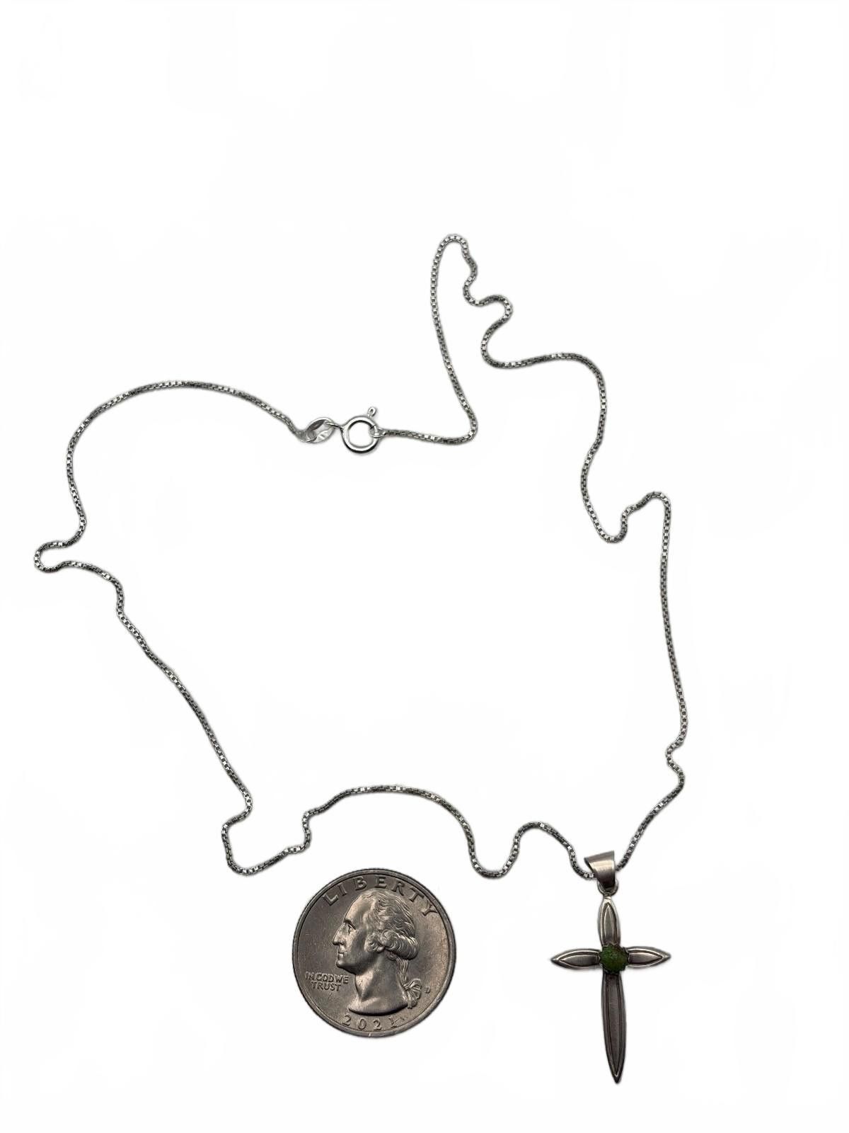 The Unbranded Brand Timeless Sterling Silver Cross Necklace with Green Stone Size ONE SIZE - 1 Thumbnail