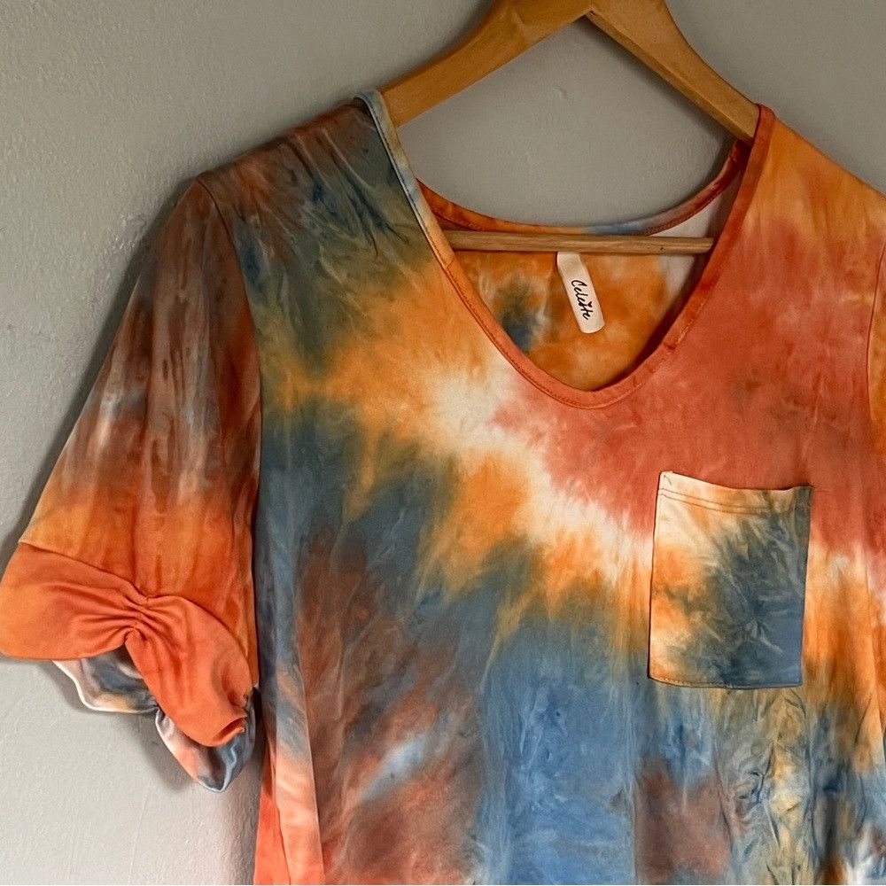 The Unbranded Brand Celeste v-neck short sleeve Tie Dye Shirt Orange Blue Large Size L / US 10 / IT 46 - 1 Thumbnail