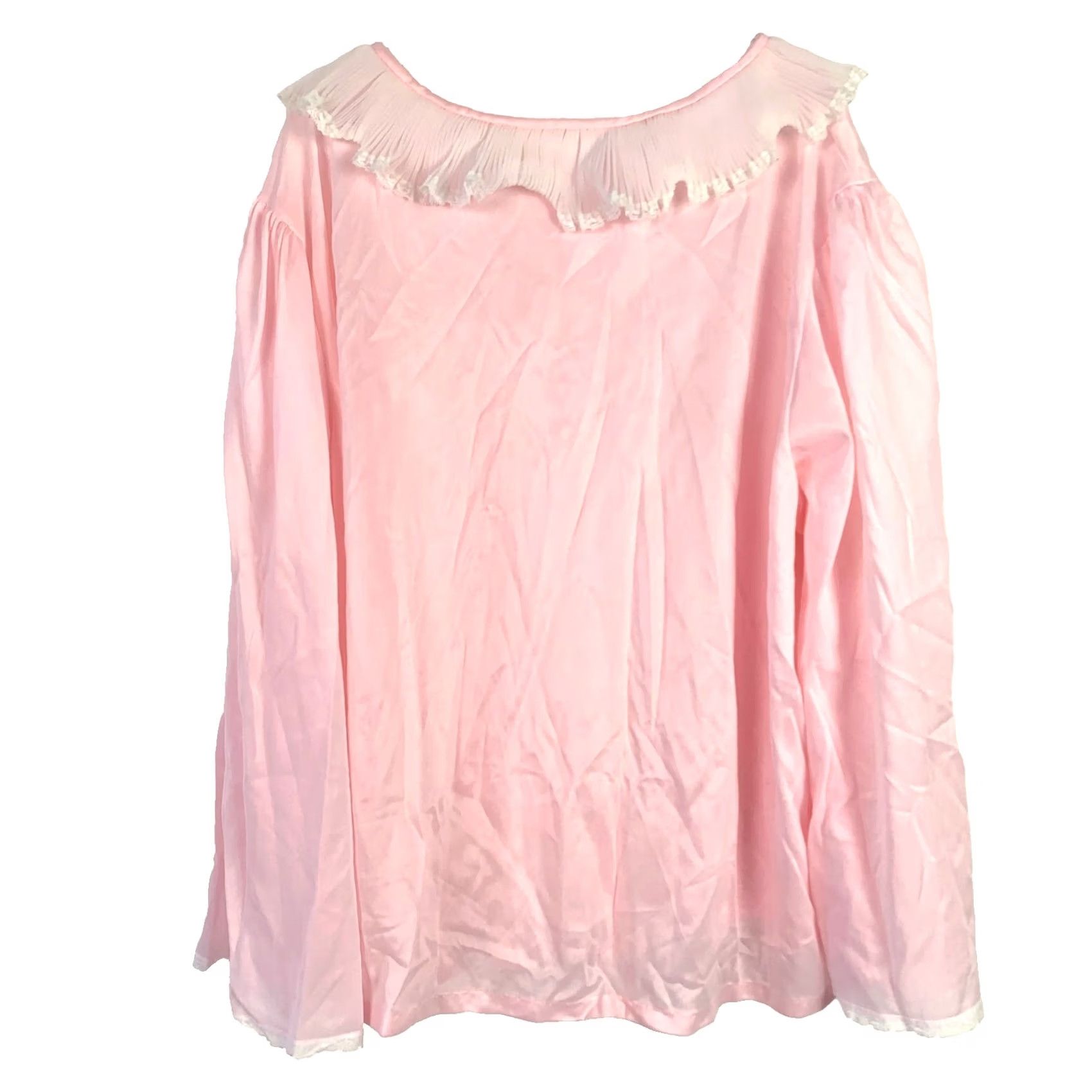 Vintage Miss Elaine Sleep Shirt Pink Open Front Ruffle Lace Nylon 1980s Cape Eveningwear 41" Chest Womens Size M / US 6-8 / IT 42-44 - 4 Thumbnail