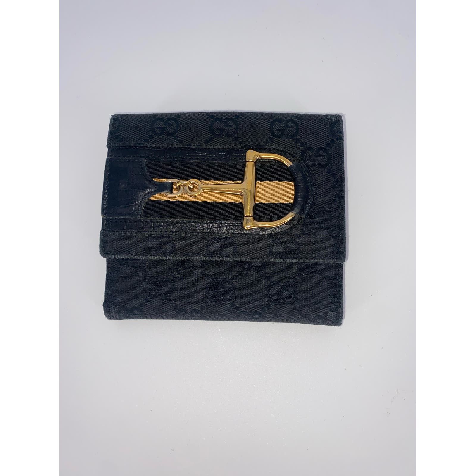 image of Authentic Gucci Sherry Line Horsebit Wallet Ggcanvas Leather in Black, Women's