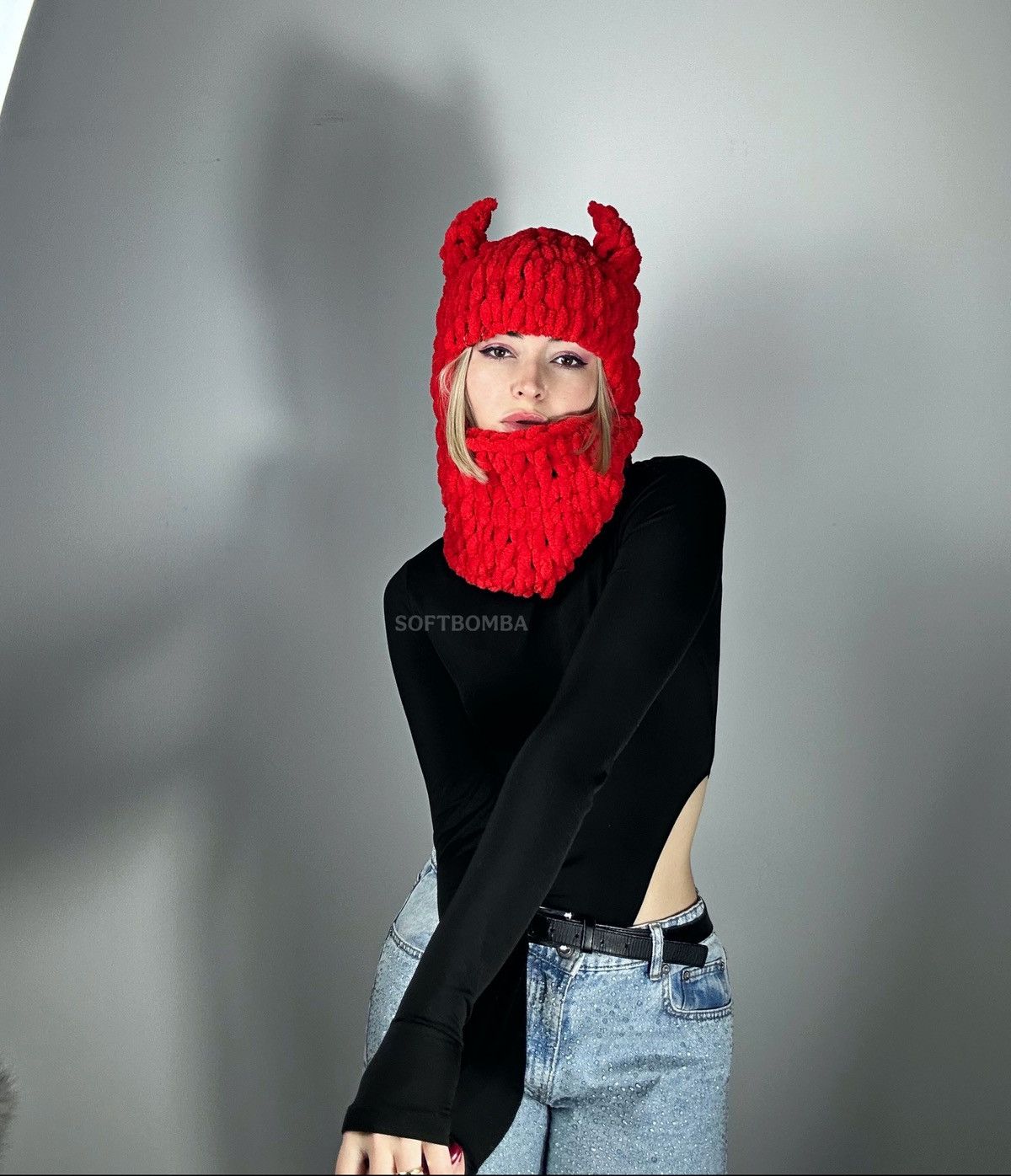 Handmade Devil hat with horns . Horns ski mask . Balaclava Size ONE SIZE - 3 Thumbnail