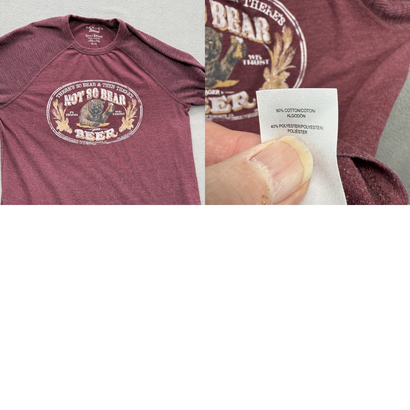 Lucky Brand Lucky Brand Shirt Mens XL Maroon Venice Burnout Beer Bear Graphic T-Shirt Long Sleeve Crew Neck Poly Cotton Size US XL / EU 56 / 4 - 8 Thumbnail