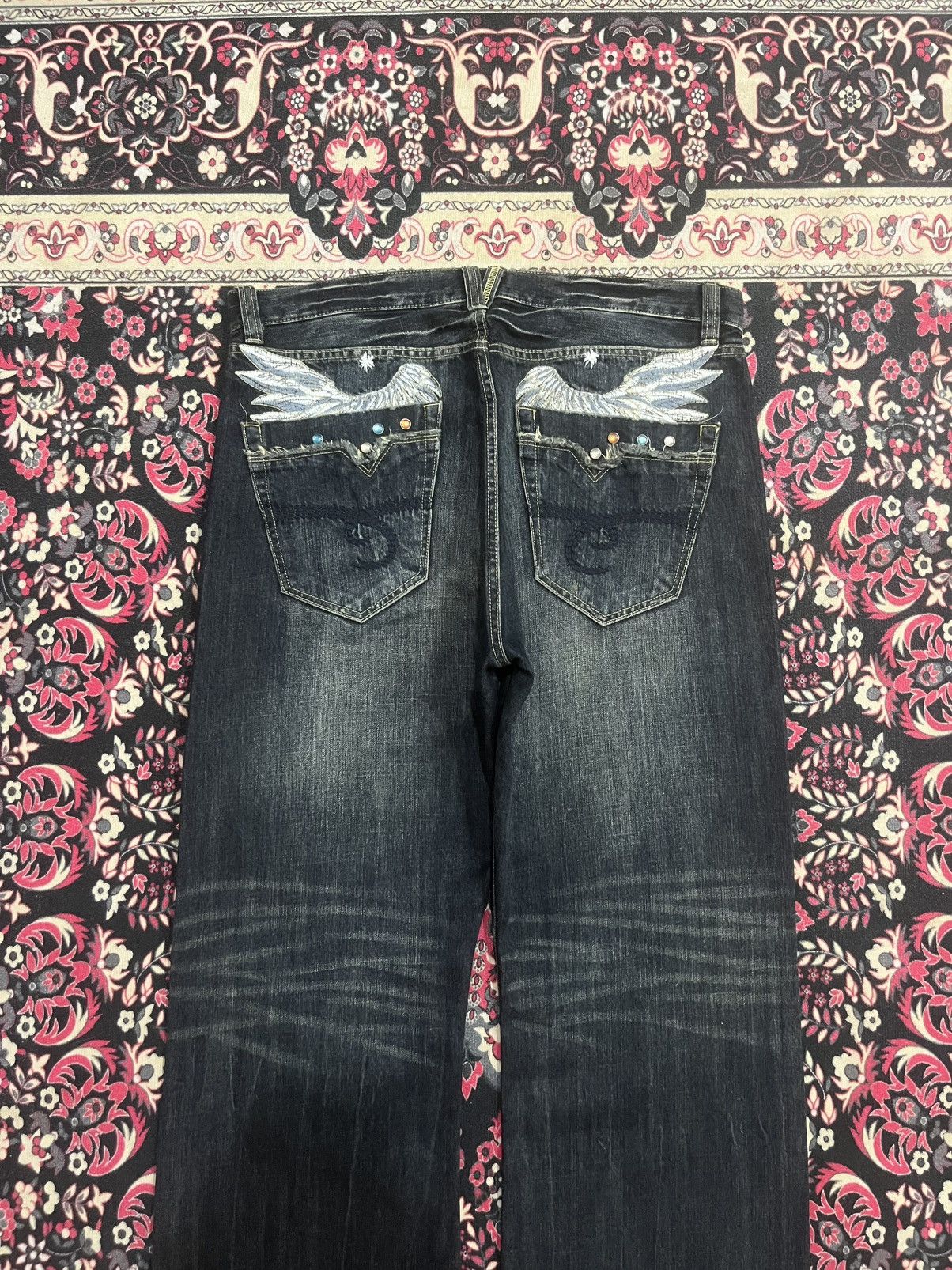 If Six Was Nine Vintage Japanese Agate Rhinestone Angelic Wing Flare Jeans Size US 36 / EU 52 - 5 Thumbnail