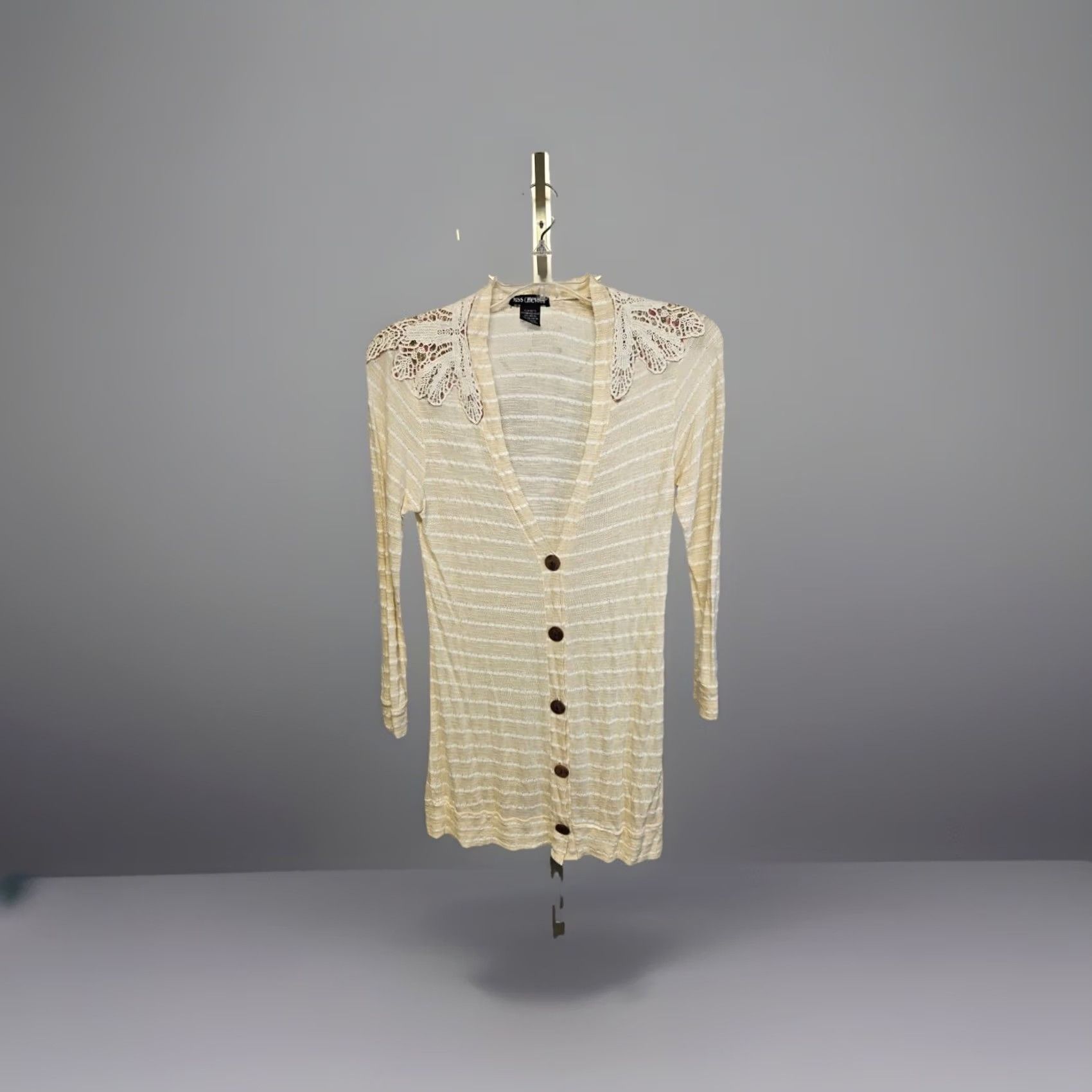 Vintage VINTAGE Miss Chievous Cardigan Women XL Boho Chic Lace Trim Cream Yellow Striped V-Neck Long Sleeve Crochet Buttons Sweater Knit Size XL / US 12-14 / IT 48-50 - 2 Thumbnail