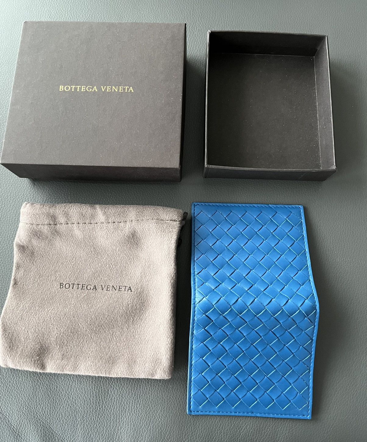 image of Bottega Veneta Iconic Bottega Woven Leather Wallet in Blue, Men's