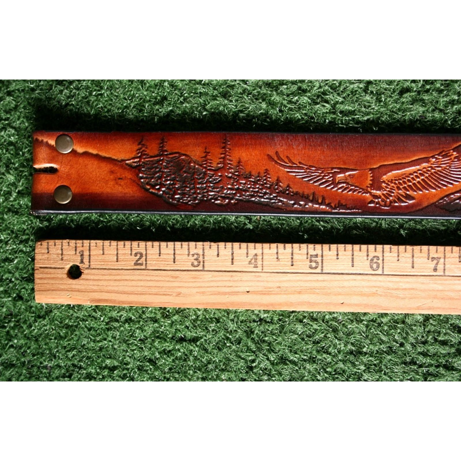Vintage VINTAGE Leegin Eagle Leather Works British Tan Embossed Belt Sz. 28 (No Buckle) Men Leather Western Belt Size 28 British Tan Size 28 - 3 Thumbnail