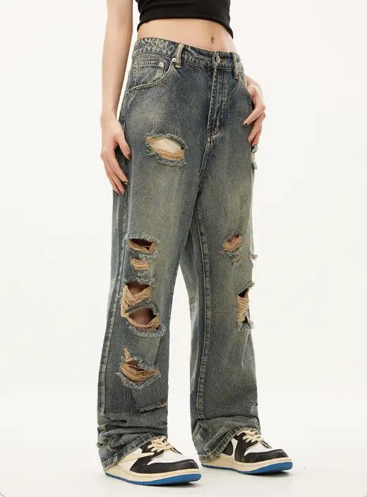 Japanese Brand dou Street men's hiphop straight street ripped beggar jeans Size US 32 / EU 48 - 4 Thumbnail