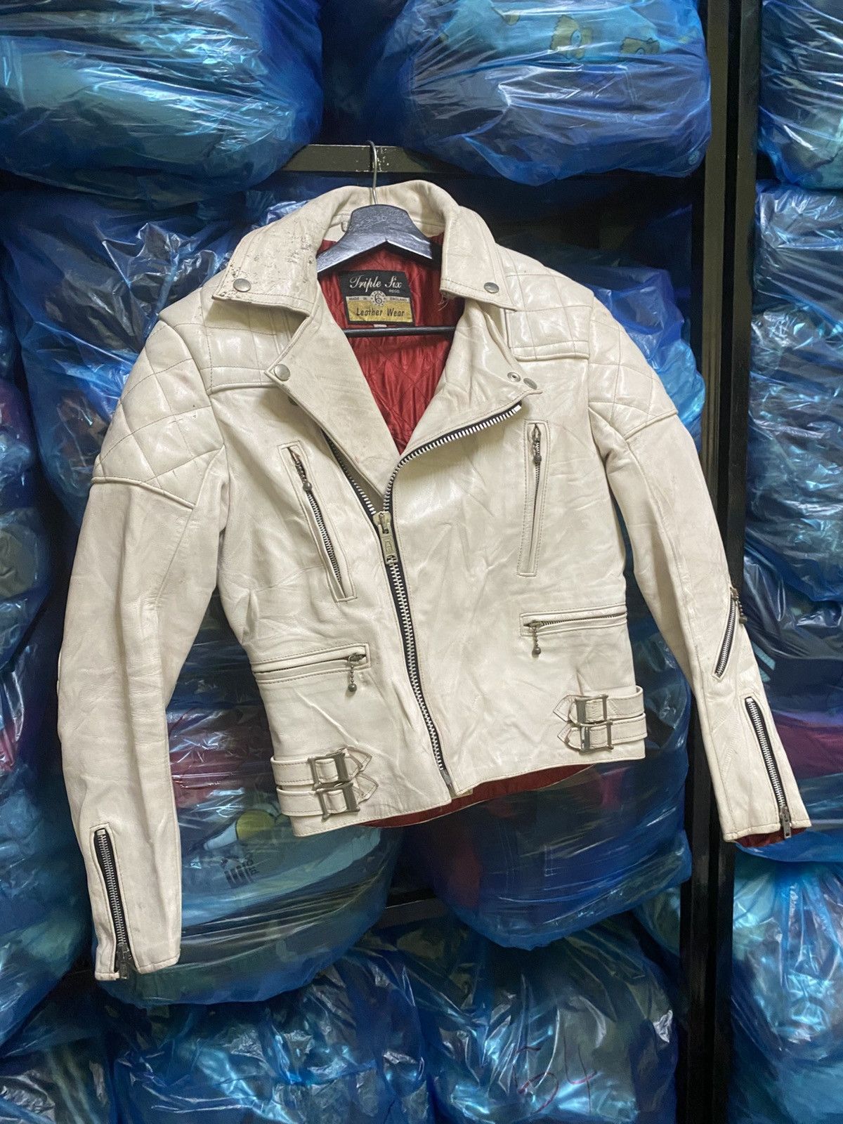 Genuine Leather Vintage Triple Six UK White Leather Biker Jacket - Size 32 Size US XS / EU 42 / 0 - 5 Thumbnail