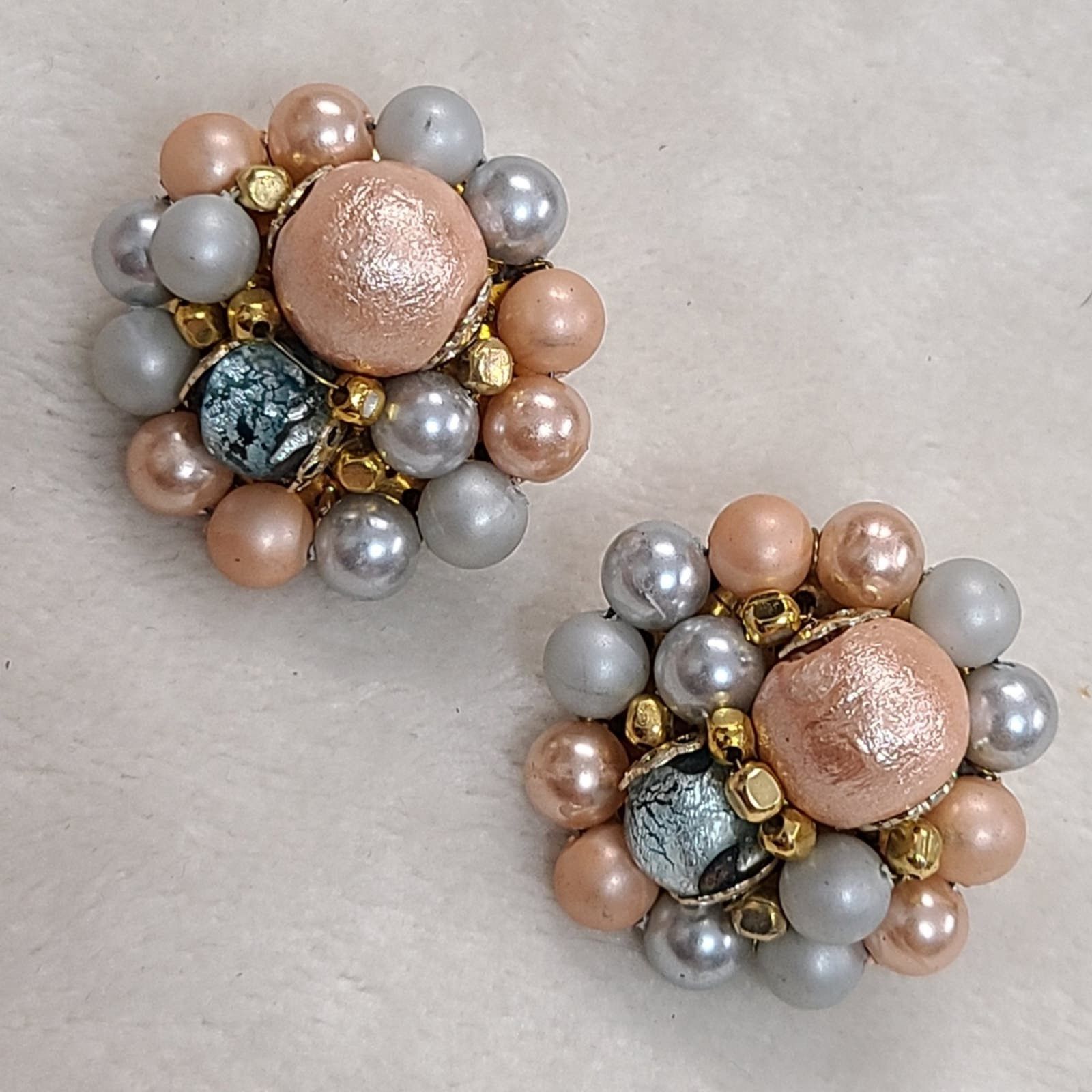 Vintage 50s Beaded Cluster Clip On Earrings Marked Japan