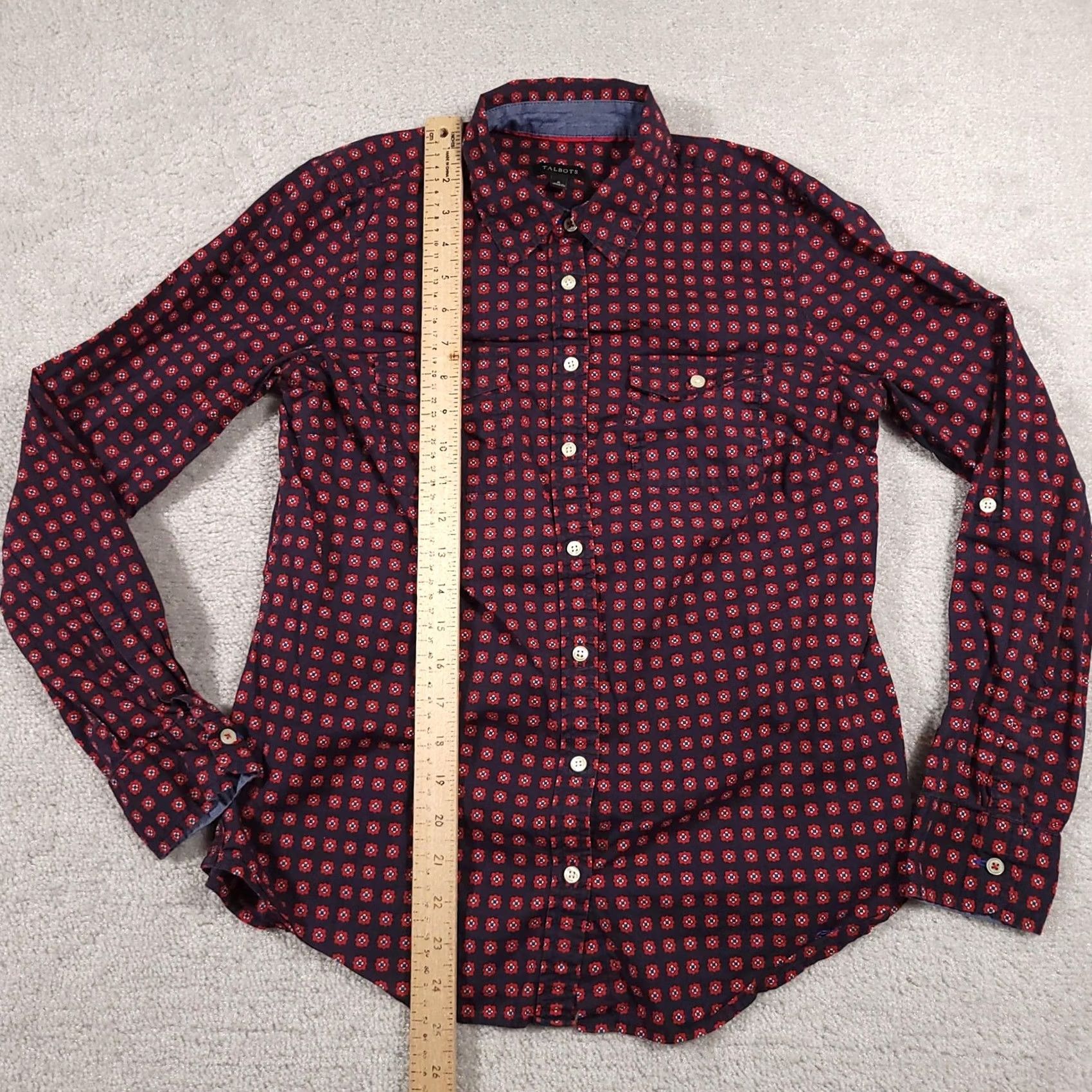 Talbots Talbots Shirt Womens 6 Navy Floral Button-Up Long Sleeve Pearl Snap Western Embroidered Bow Size M / US 6-8 / IT 42-44 - 6 Thumbnail