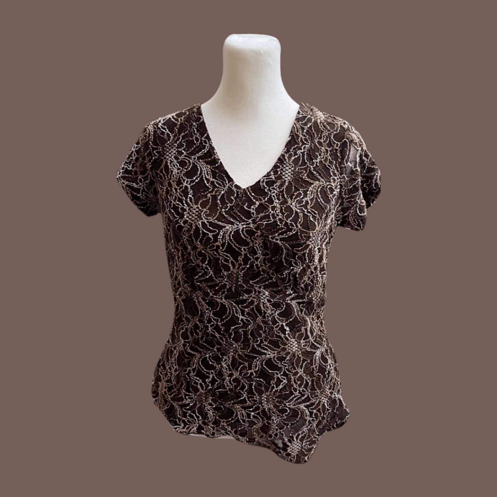 Vintage VTG Beaded Lace Top |Style & Co. Brown Mesh Y2K Evening Glam Size S / US 4 / IT 40 - 1 Thumbnail