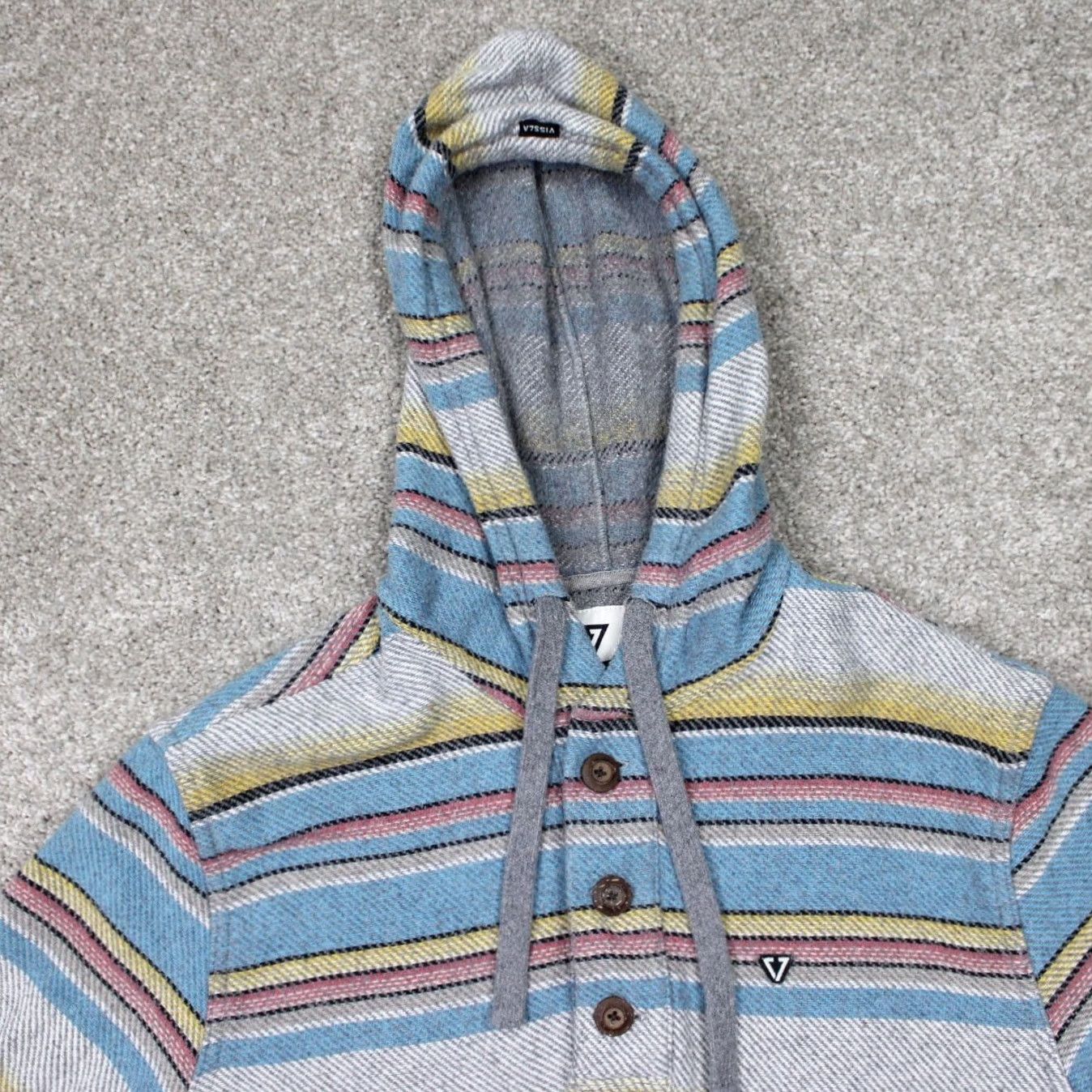 Vissla Vissla Hoodie Mens Medium Gray/Blue/Yellow Henley Hooded Sweatshirt L/S Knit Cotton Pockets Logo Striped Beach Outdoor 90s? Size US M / EU 48-50 / 2 - 5 Thumbnail