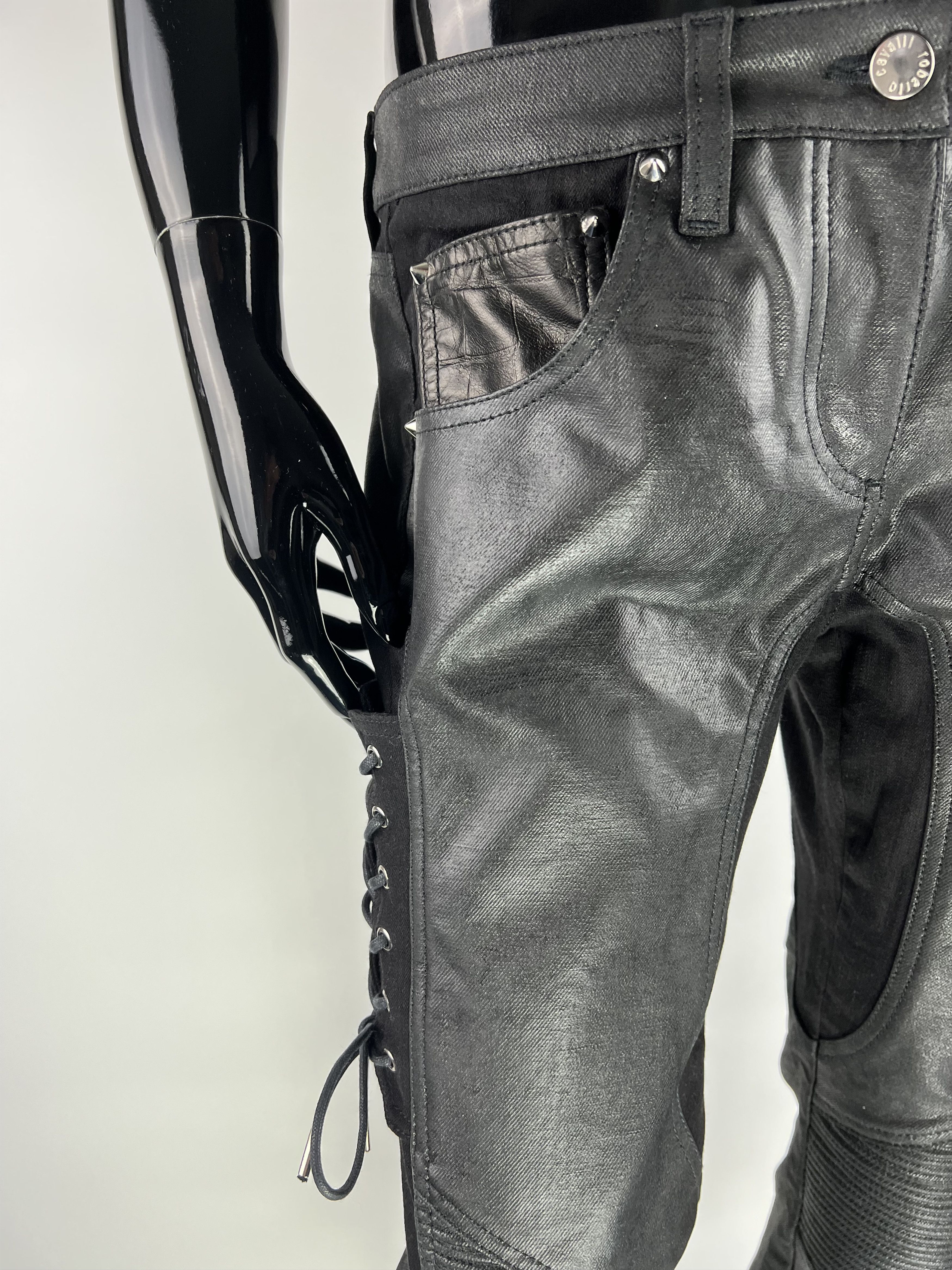 Roberto Cavalli Lace Up Leather Pockets Croco Print Waxed Pants Size IT42 Size 28" / US 6 / IT 42 - 7 Thumbnail