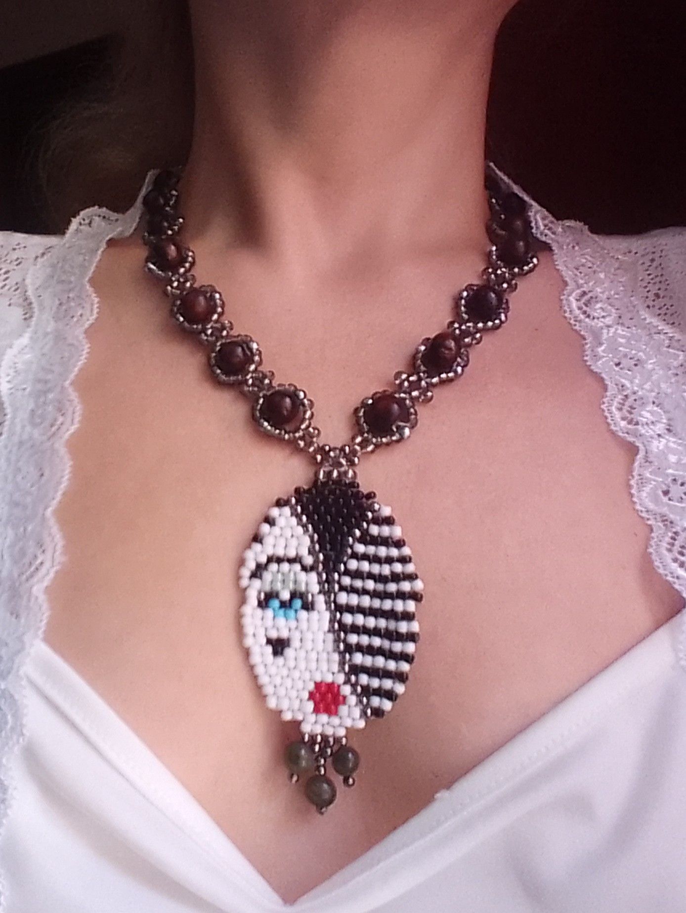 Handmade Boho necklace in wood pendant with natural jade gemstones Size ONE SIZE - 2 Thumbnail