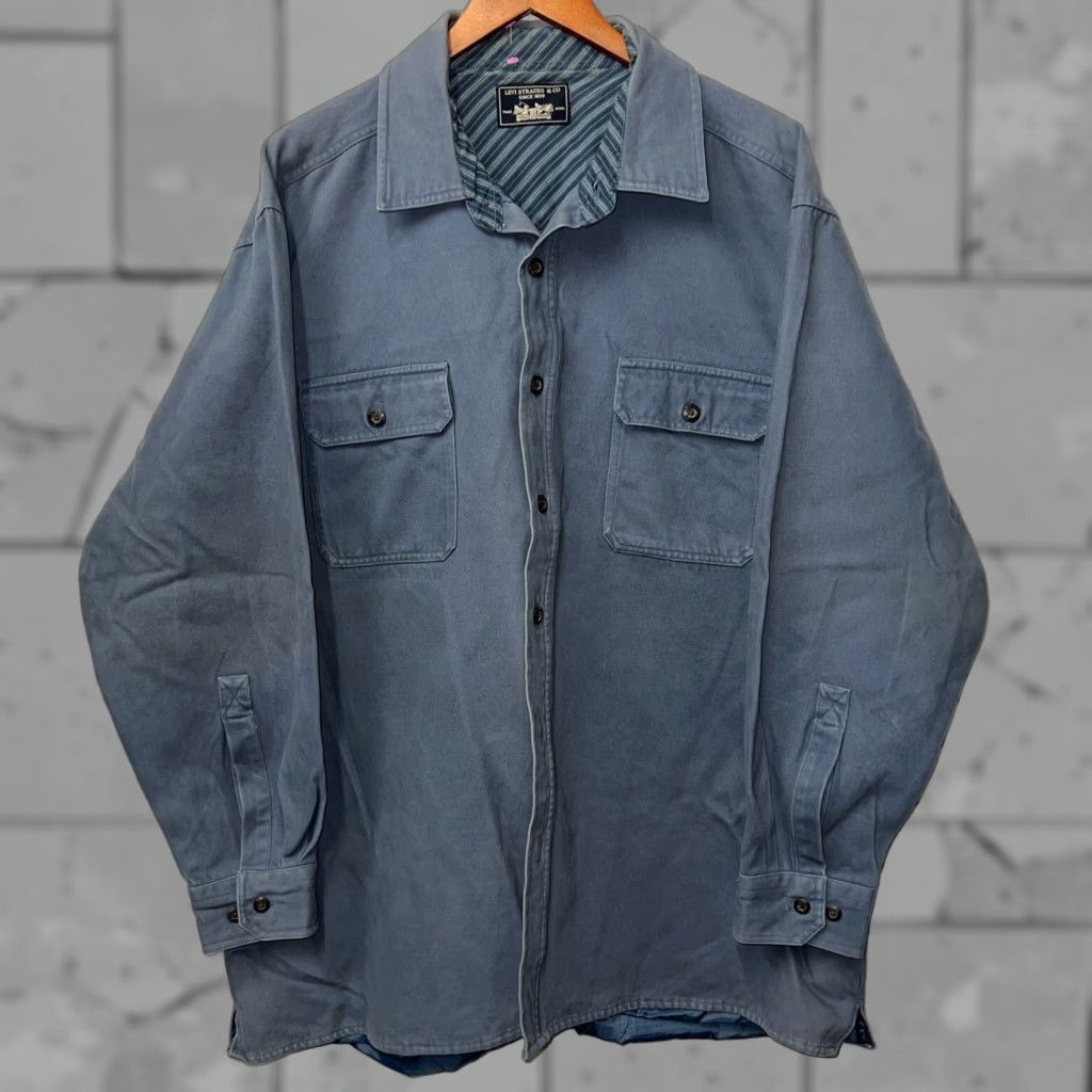 Levi's VINTAGE Levi's Button-Up Shacket Mens XL Blue Flannel Solid Long Sleeve Missing 2 Buttons Size US XL / EU 56 / 4 - 1 Thumbnail