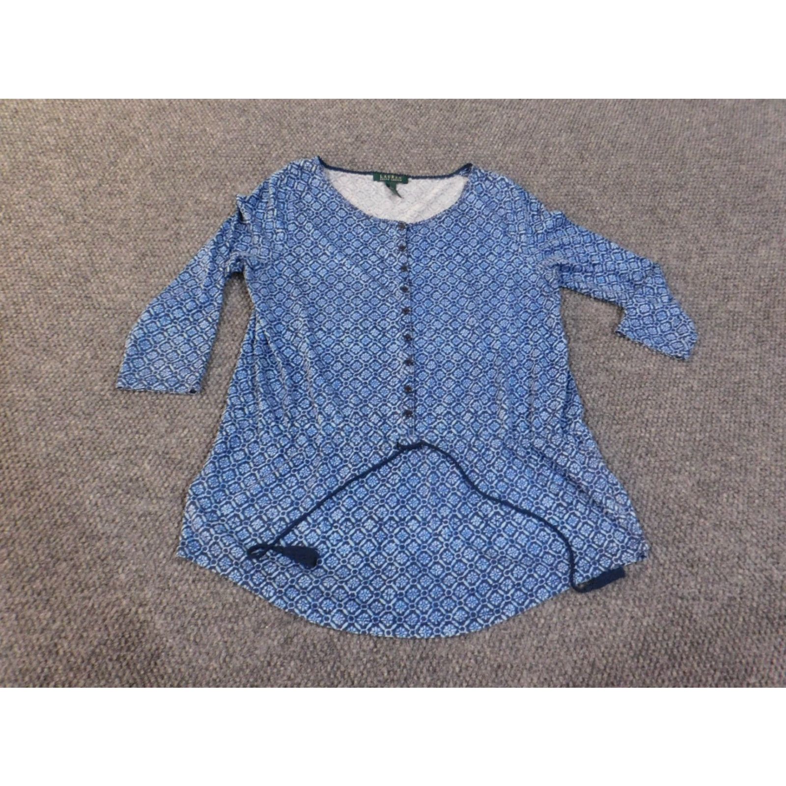 Ralph Lauren Lauren Ralph Lauren Blouse Womens L Blue Geometric Pullover Round Neck Cotton Knit Geometric Pattern Casual Streetwear Basic Size L / US 10 / IT 46 - 2 Thumbnail
